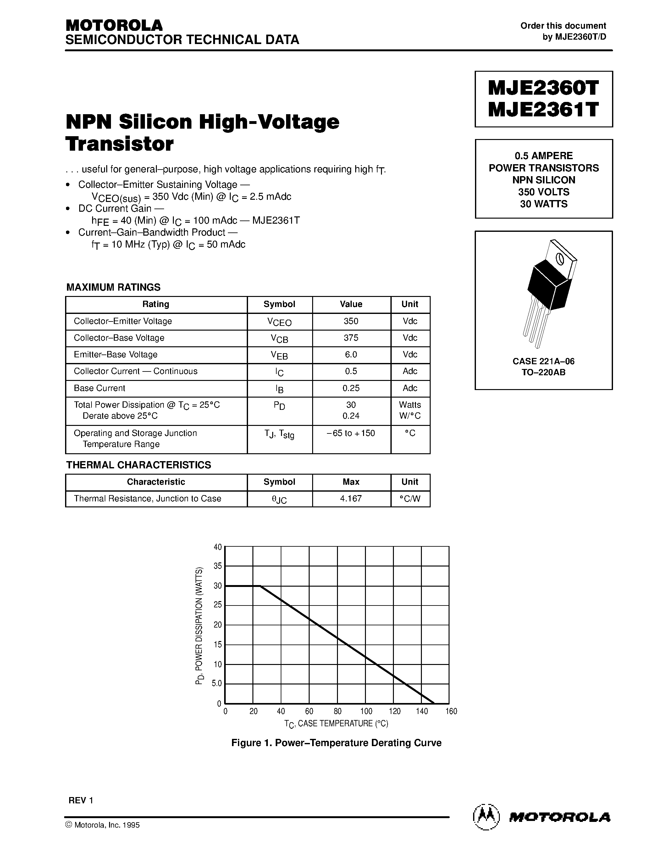 Datasheet MJE2361T - 0.5 AMPERE POWER TRANSISTORS NPN SILICON 350 VOLTS 30 WATTS page 1