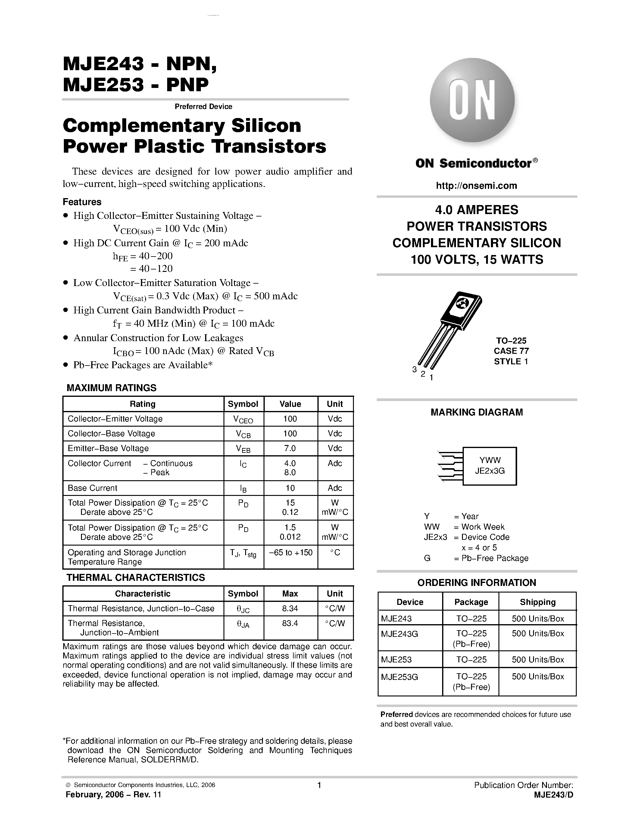 Datasheet MJE243 - POWER TRANSISTORS COMPLEMENTARY SILICON page 1