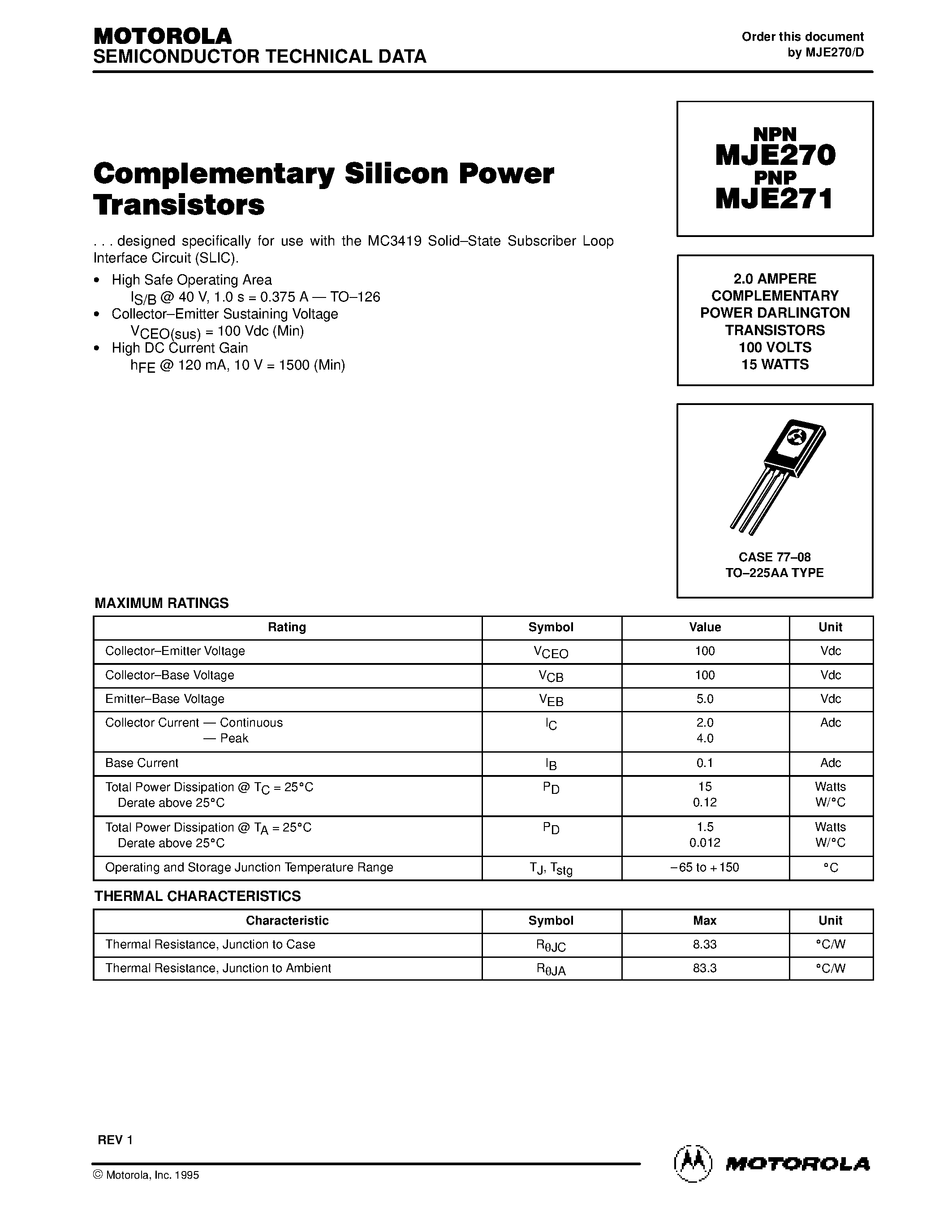 Datasheet MJE270 - 2.0 AMPERE COMPLEMENTARY POWER DARLINGTON TRANSISTORS 100 VOLTS 15 WATTS page 1