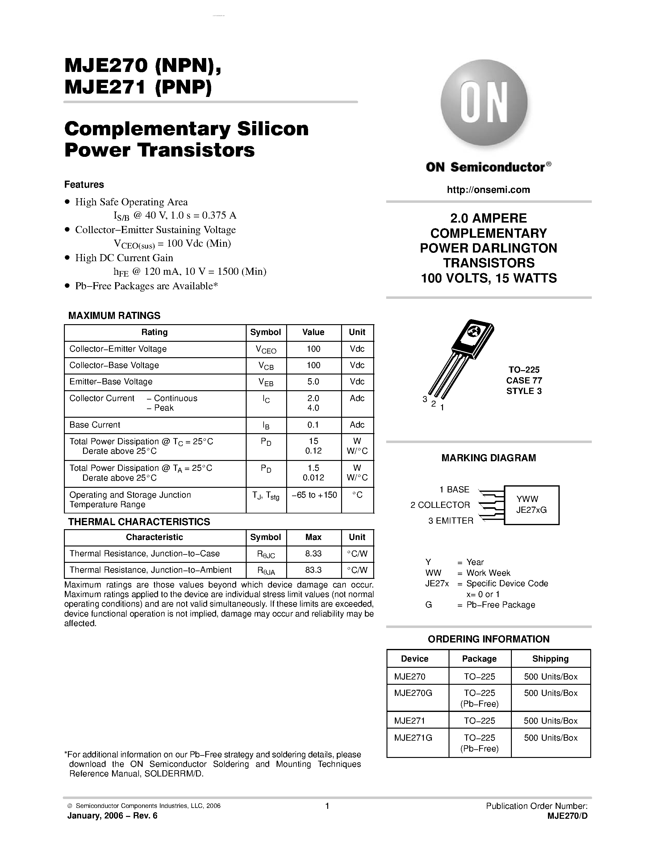 Datasheet MJE270 - COMPLEMENTARY POWER DARLINGTON TRANSISTORS page 1