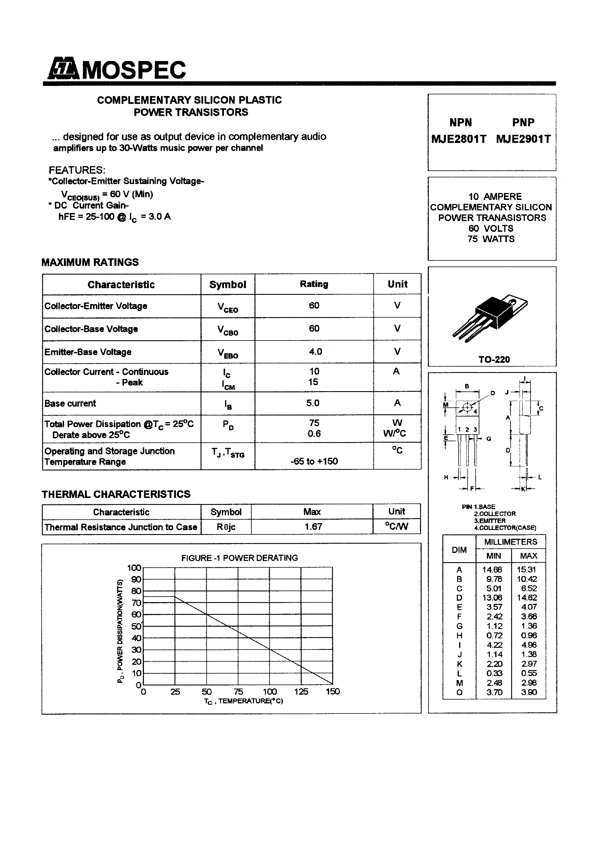 Datasheet MJE2801T - POWER TRANSISTORS(10A /60V /75W) page 1