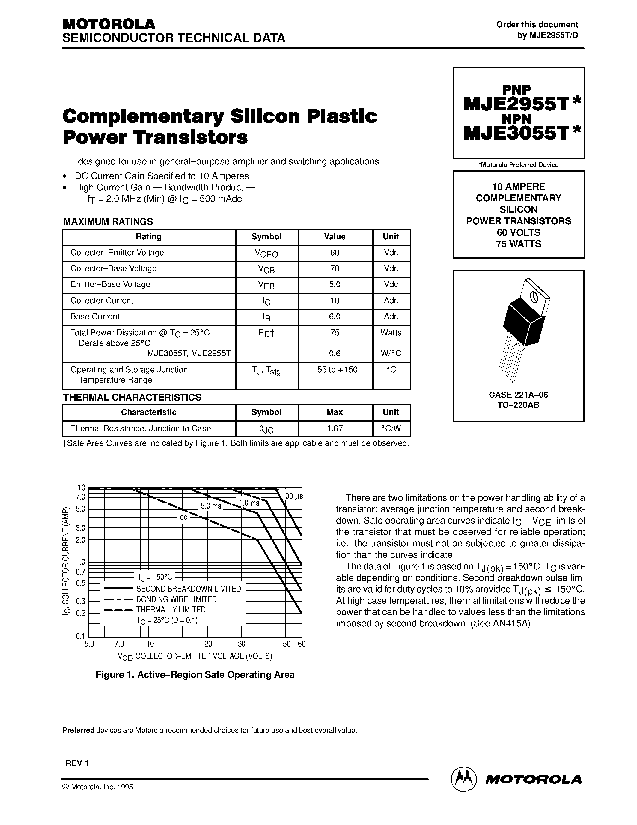 Datasheet MJE2955T - COMPLEMENTARY SILICON POWER TRANSISTORS page 1