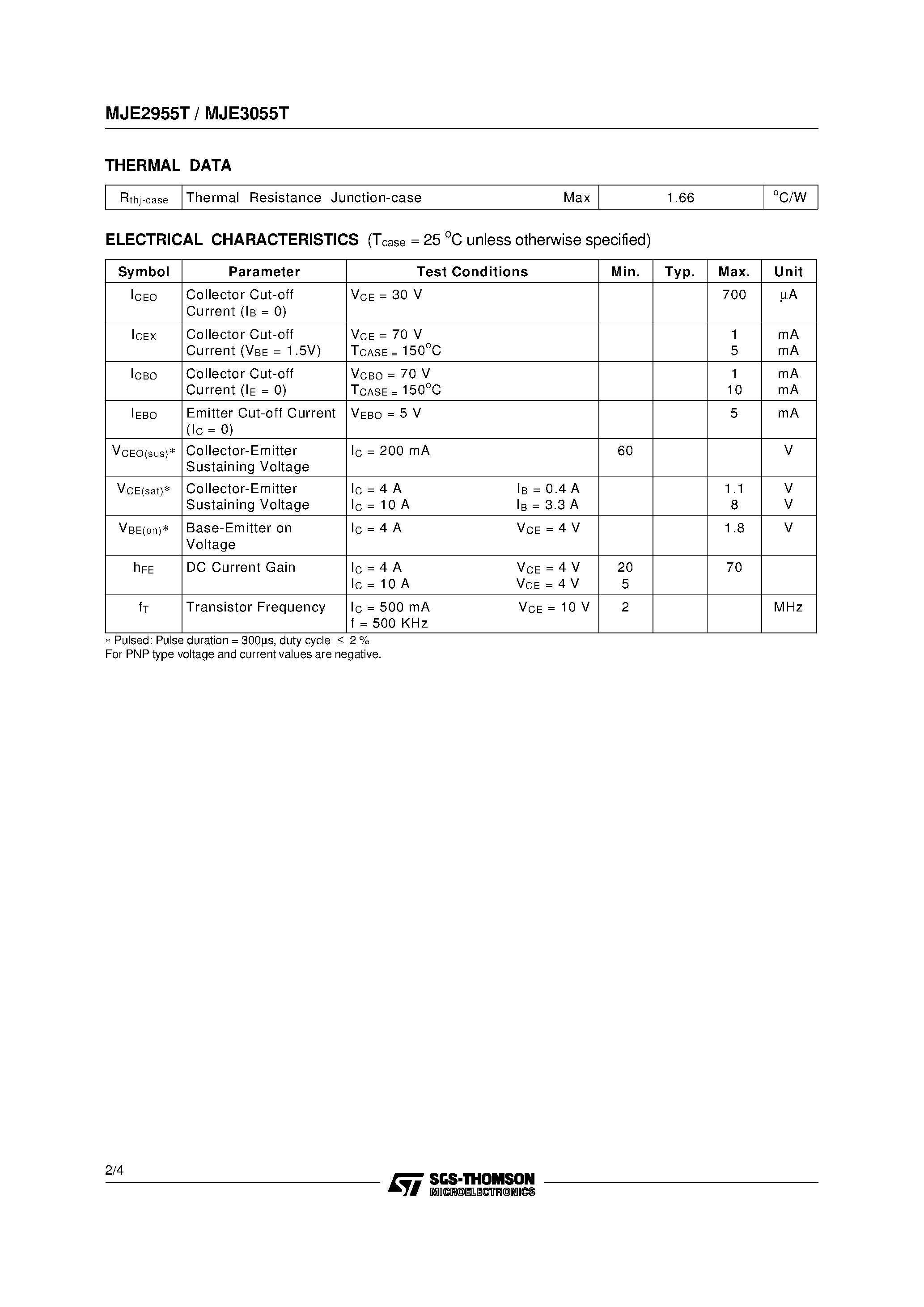 Datasheet MJE2955T - COMPLEMENTARY SILICON POWER TRANSISTORS page 2