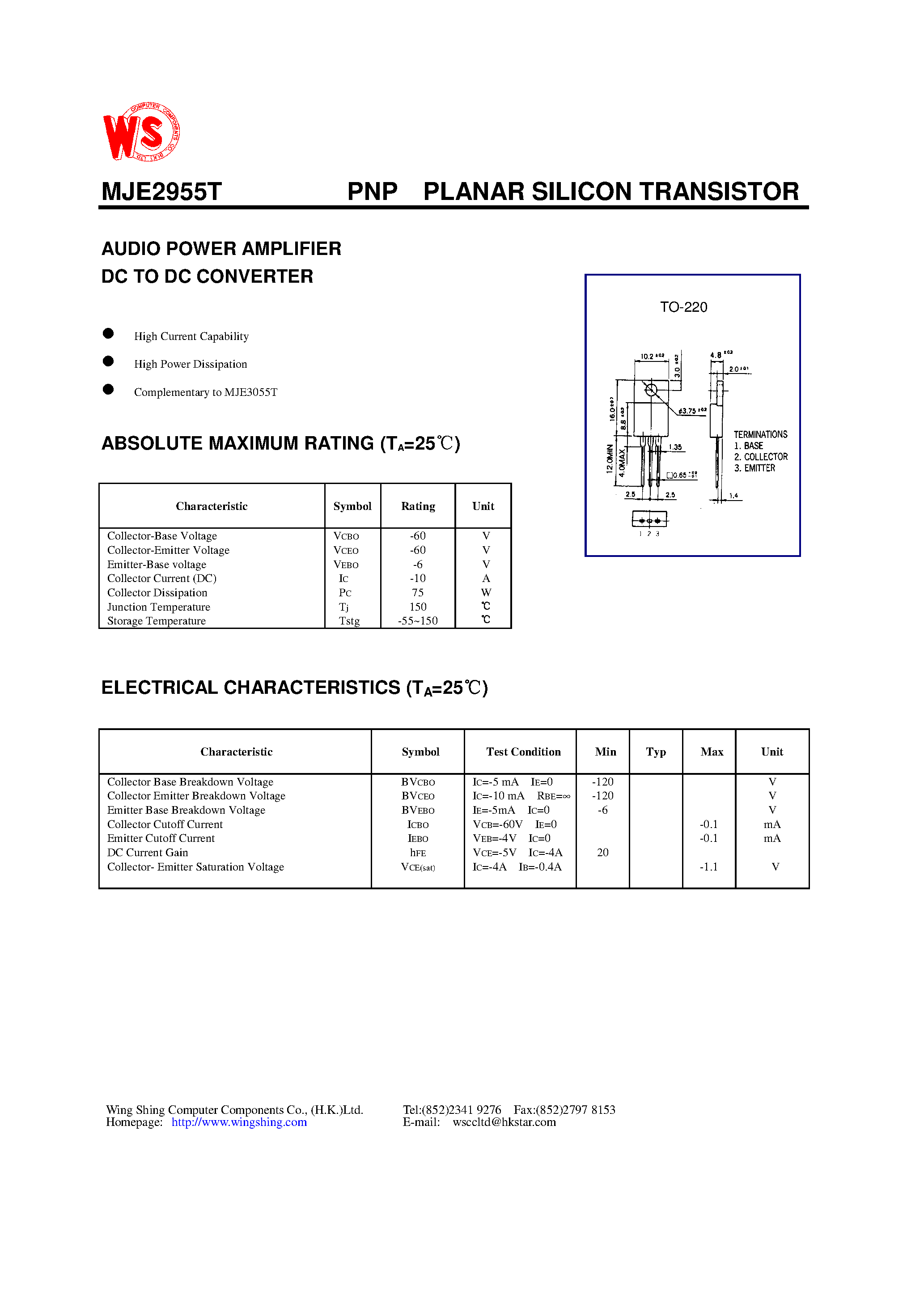 Datasheet MJE2955T - SILICON EPITAXIAL PLANAR TRANSISTOR page 1