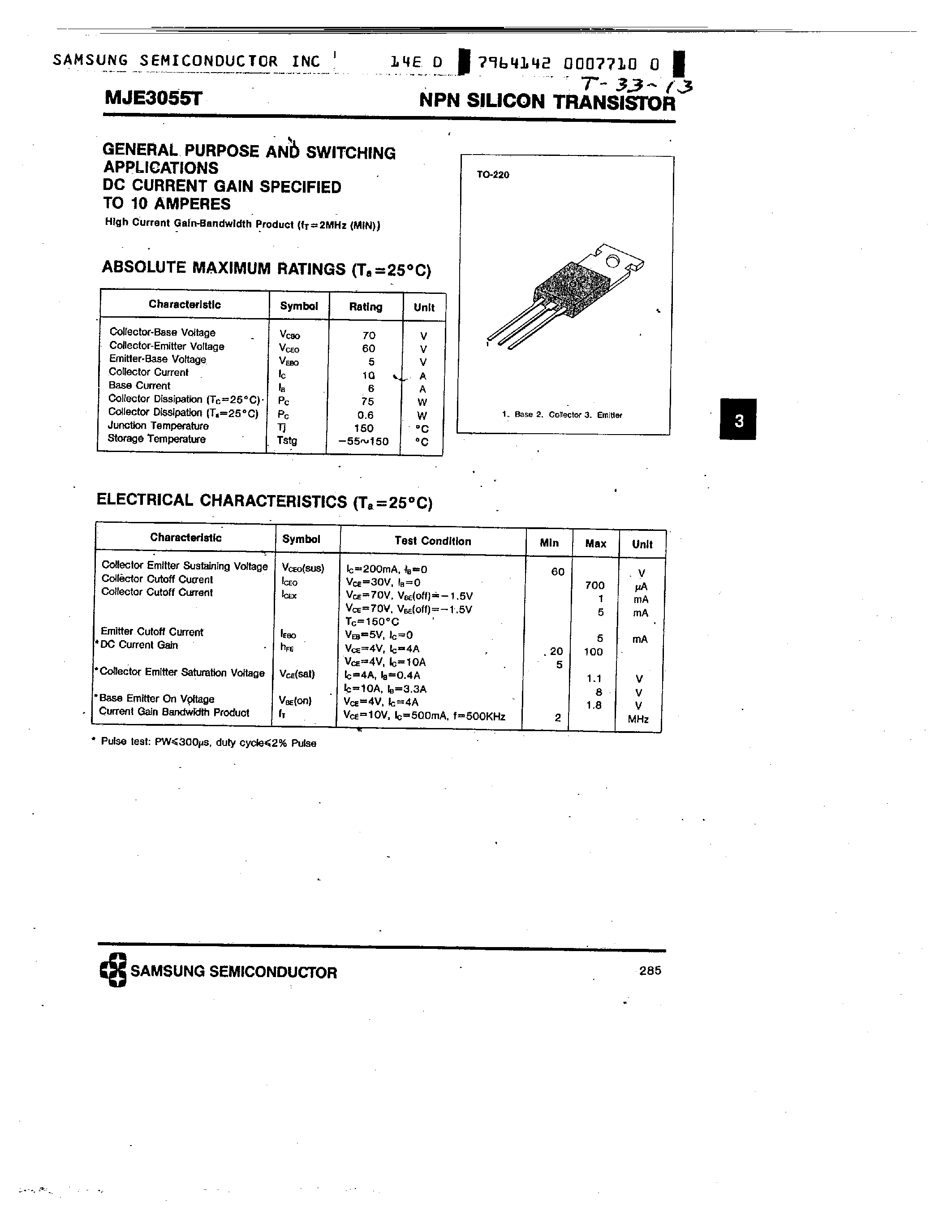 Datasheet MJE3055 - NPN (GENERAL PURPOSE AND SWITCHING APPLICATIONS) page 1