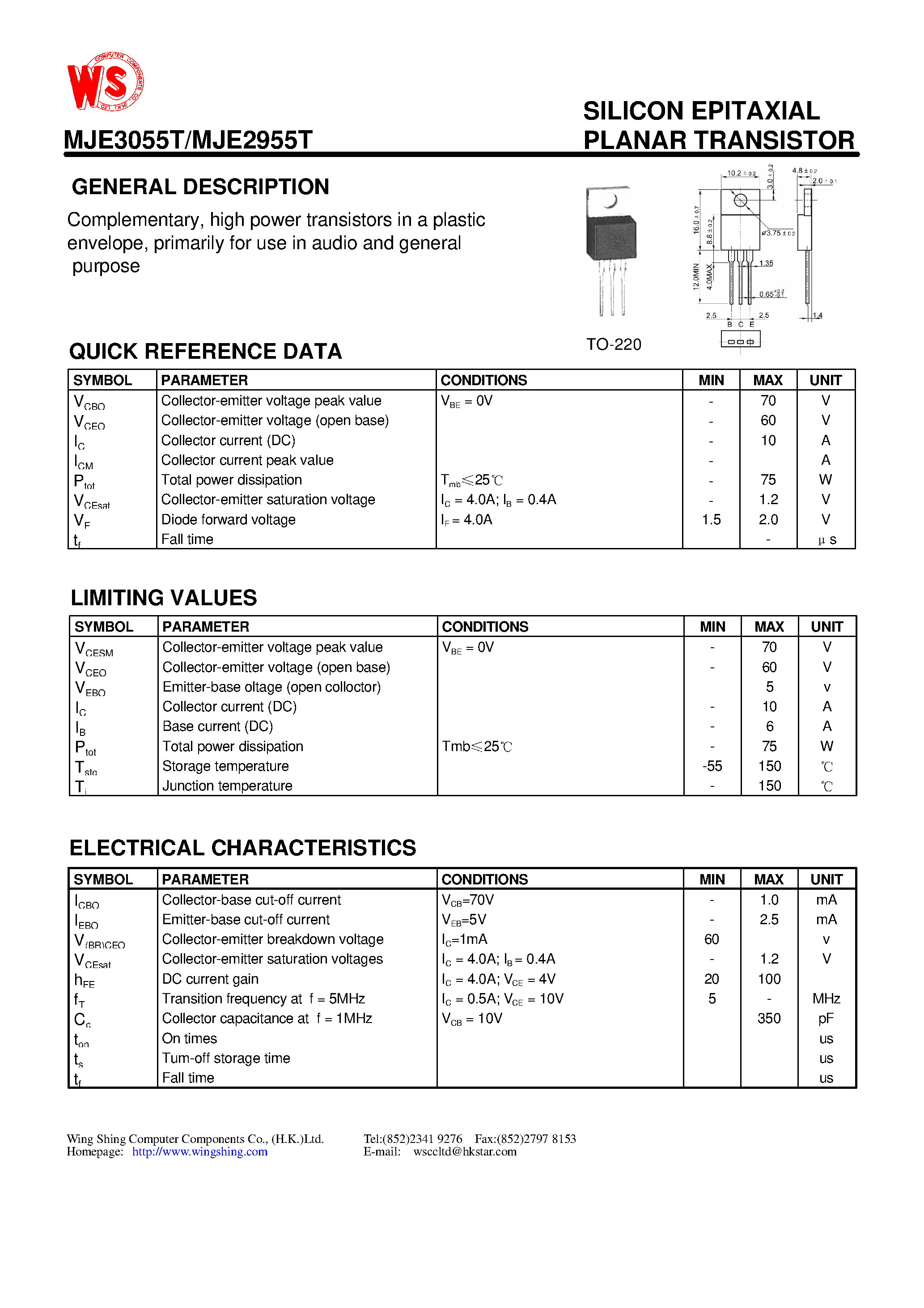 Datasheet MJE3055 - SILICON EPITAXIAL PLANAR TRANSISTOR page 1