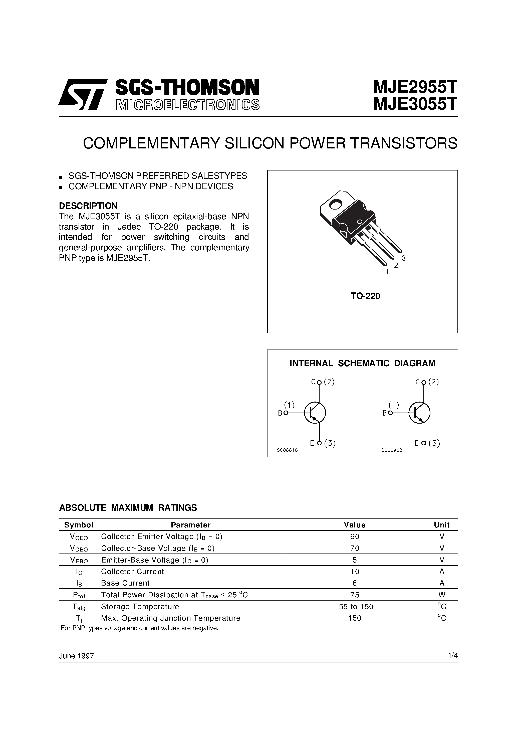 Datasheet MJE3055T - COMPLEMENTARY SILICON POWER TRANSISTORS page 1