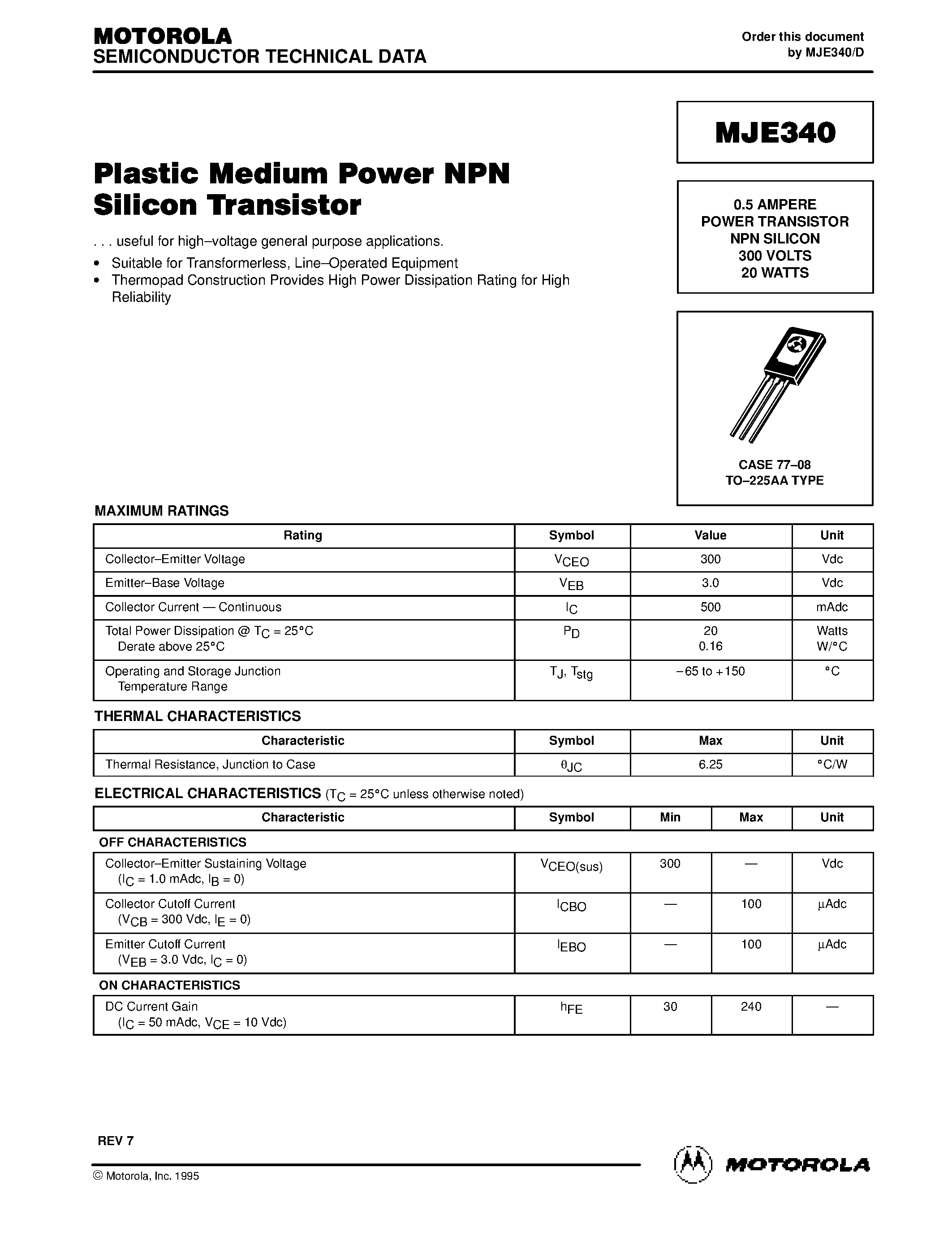 Datasheet MJE340 - 0.5 AMPERE POWER TRANSISTOR NPN SILICON 300 VOLTS 20 WATTS page 1
