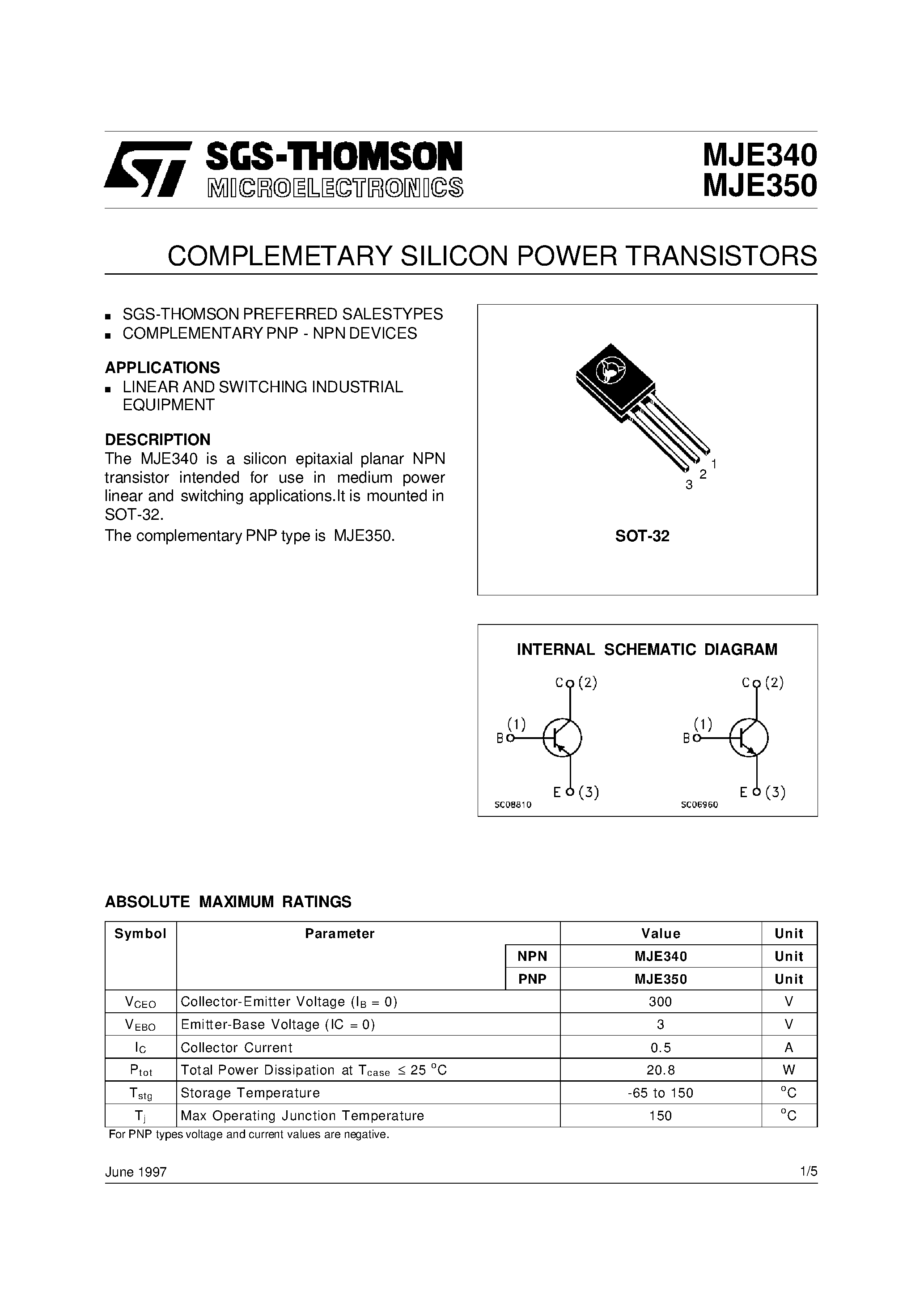 Datasheet MJE340 - COMPLEMETARY SILICON POWER TRANSISTORS page 1