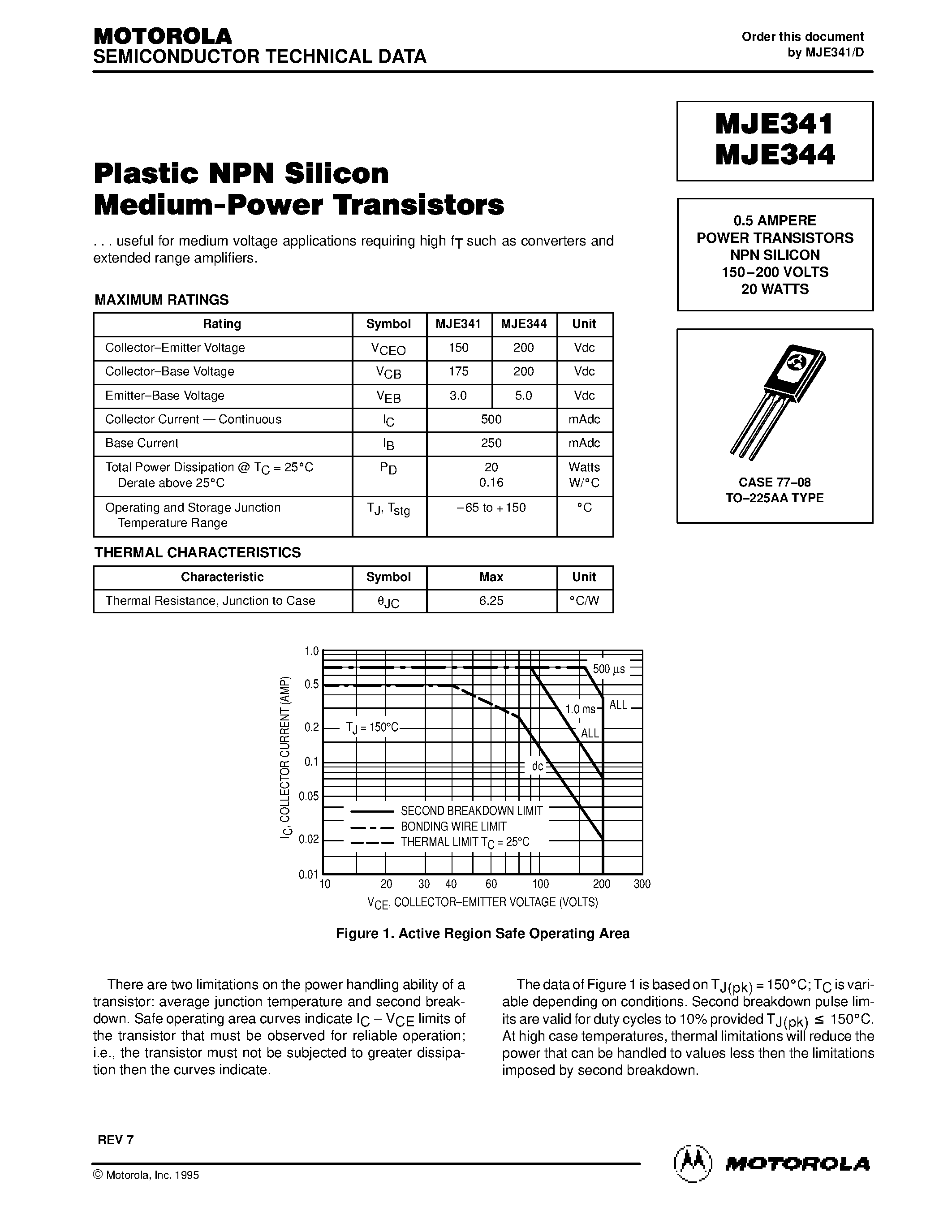 Datasheet MJE341 - 0.5 AMPERE POWER TRANSISTORS NPN SILICON 150-200 VOLTS 20 WATTS page 1