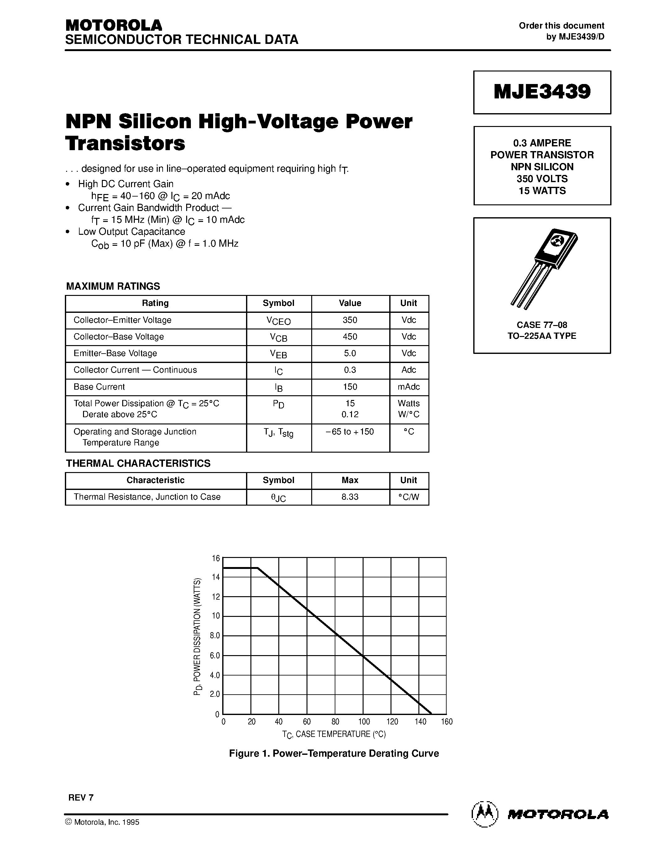 Datasheet MJE3439 - 0.3 AMPERE POWER TRANSISTOR NPN SILICON 350 VOLTS 15 WATTS page 1