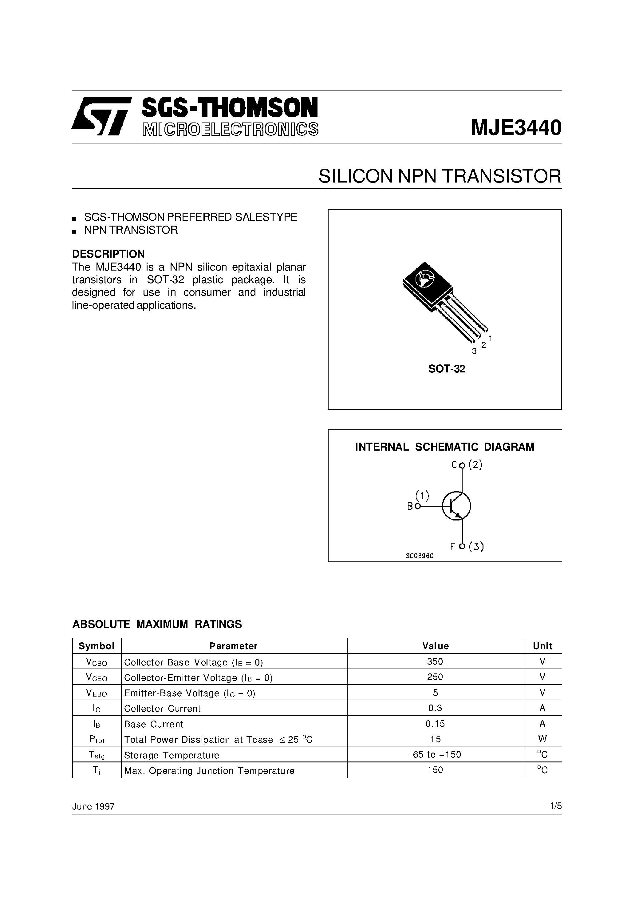 Datasheet MJE3440 - SILICON NPN TRANSISTOR page 1