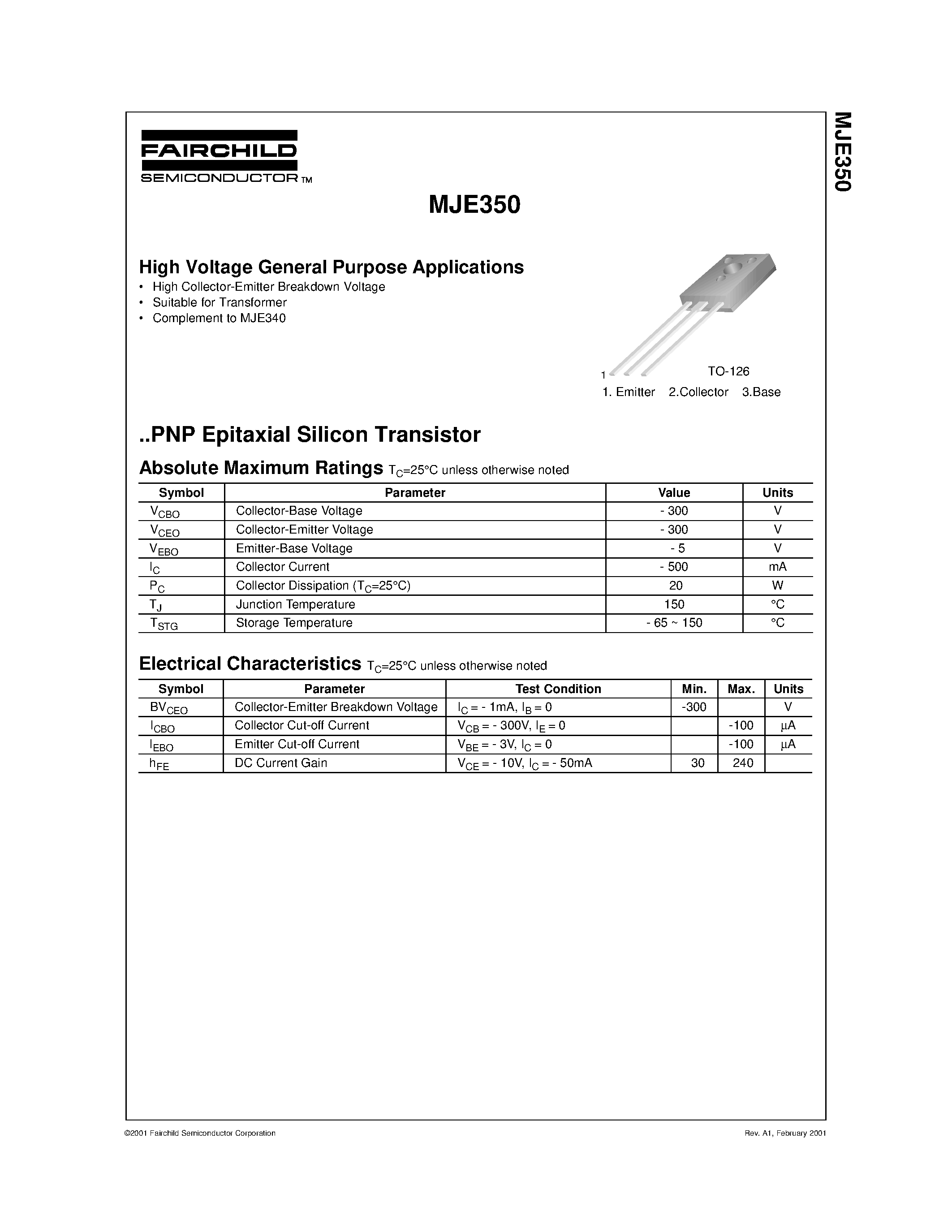 Datasheet MJE350 - High Voltage General Purpose Applications page 1