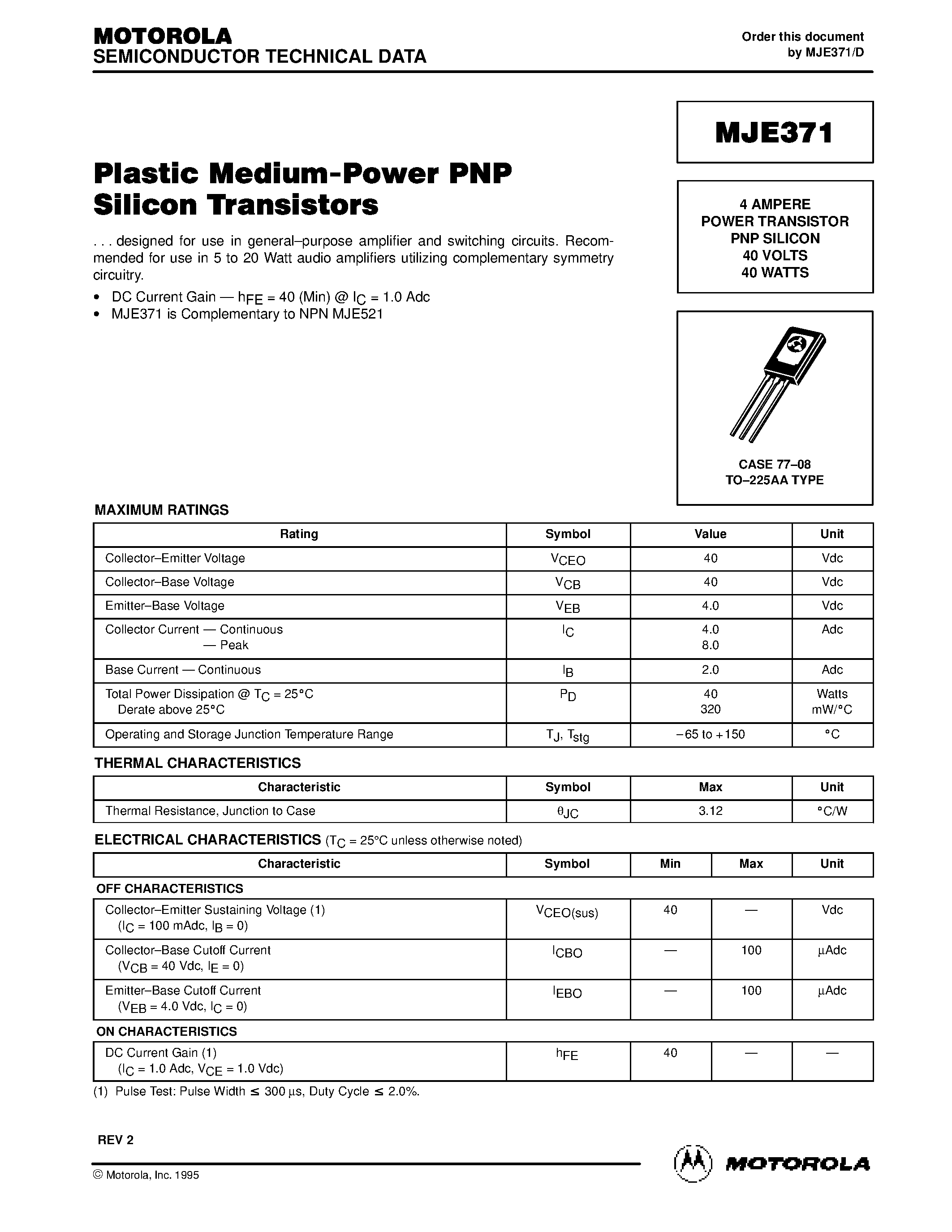 Datasheet MJE371 - 4 AMPERE POWER TRANSISTOR PNP SILICON 40 VOLTS 40 WATTS page 1
