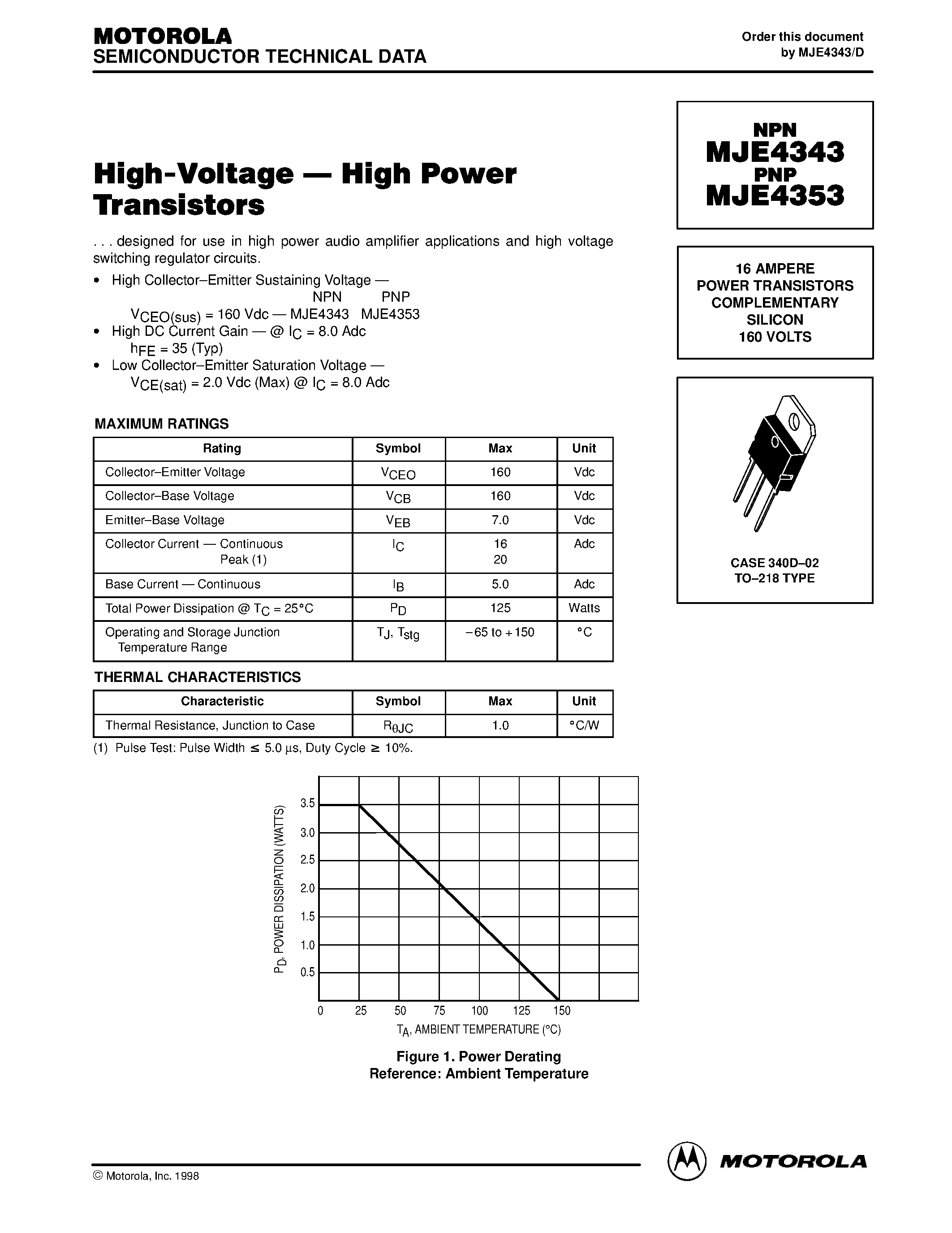 Datasheet MJE4343 - POWER TRANSISTORS COMPLEMENTARY SILICON page 1