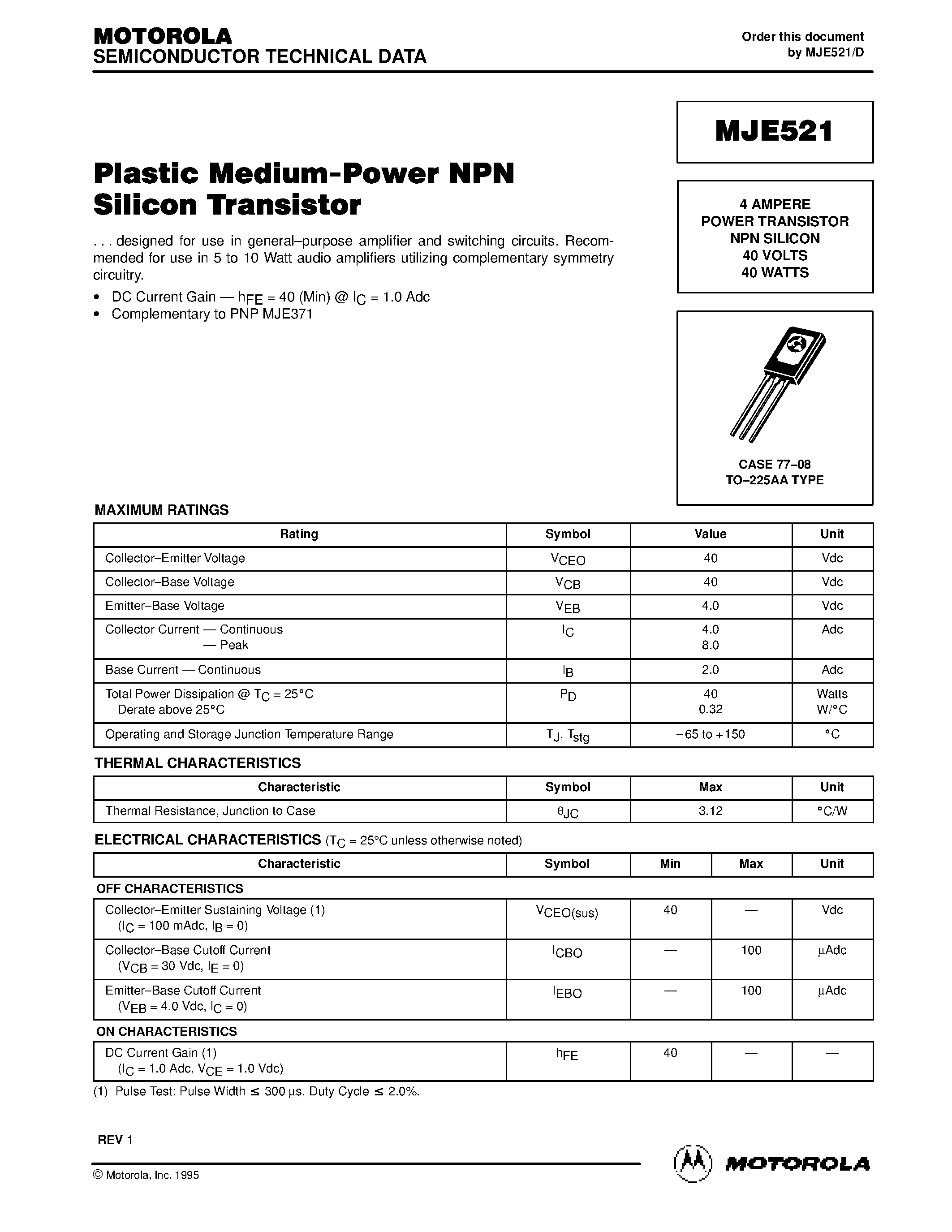 Datasheet MJE521 - 4 AMPERE POWER TRANSISTOR NPN SILICON 40 VOLTS 40 WATTS page 1