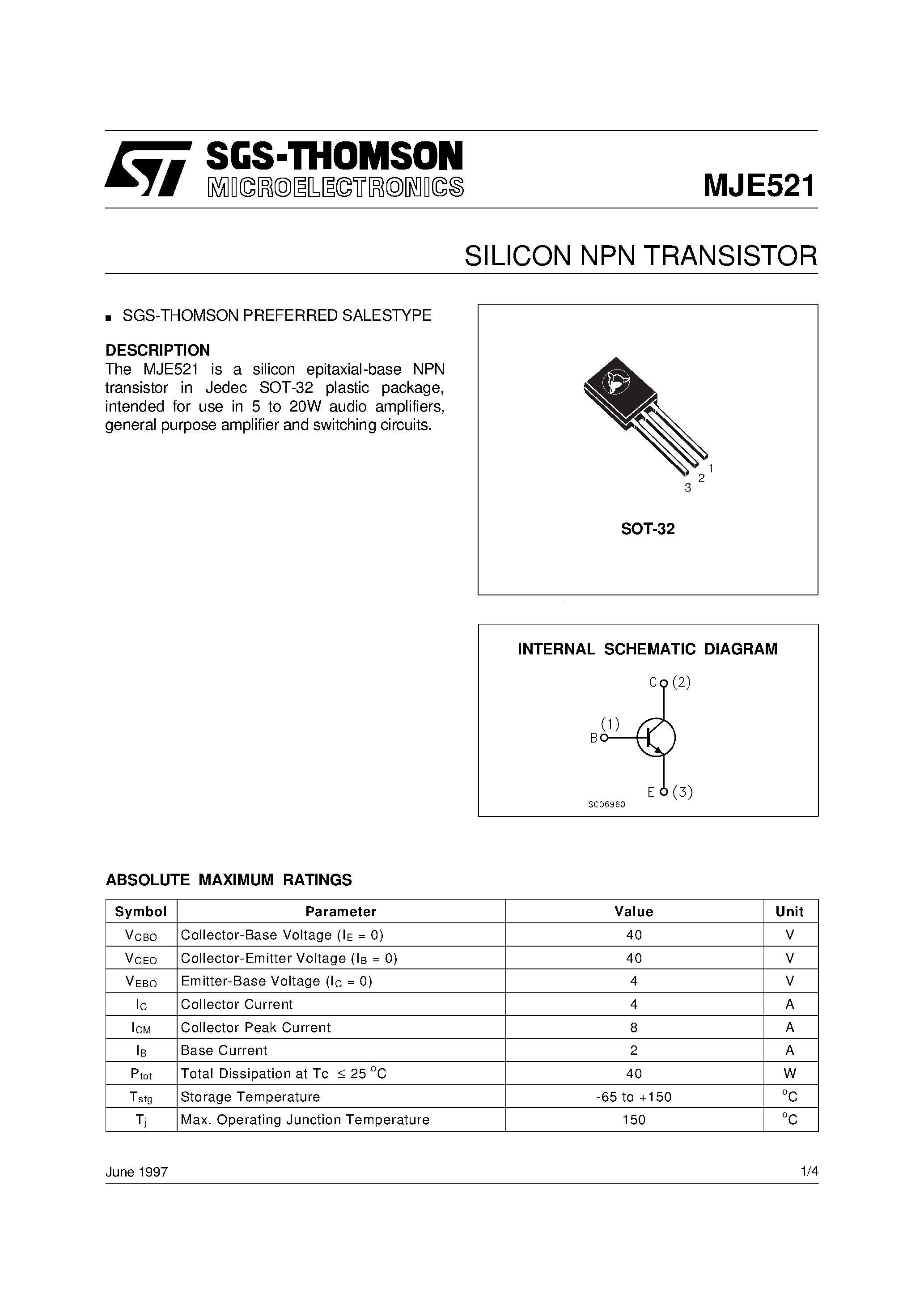 Datasheet MJE521 - SILICON NPN TRANSISTOR page 1