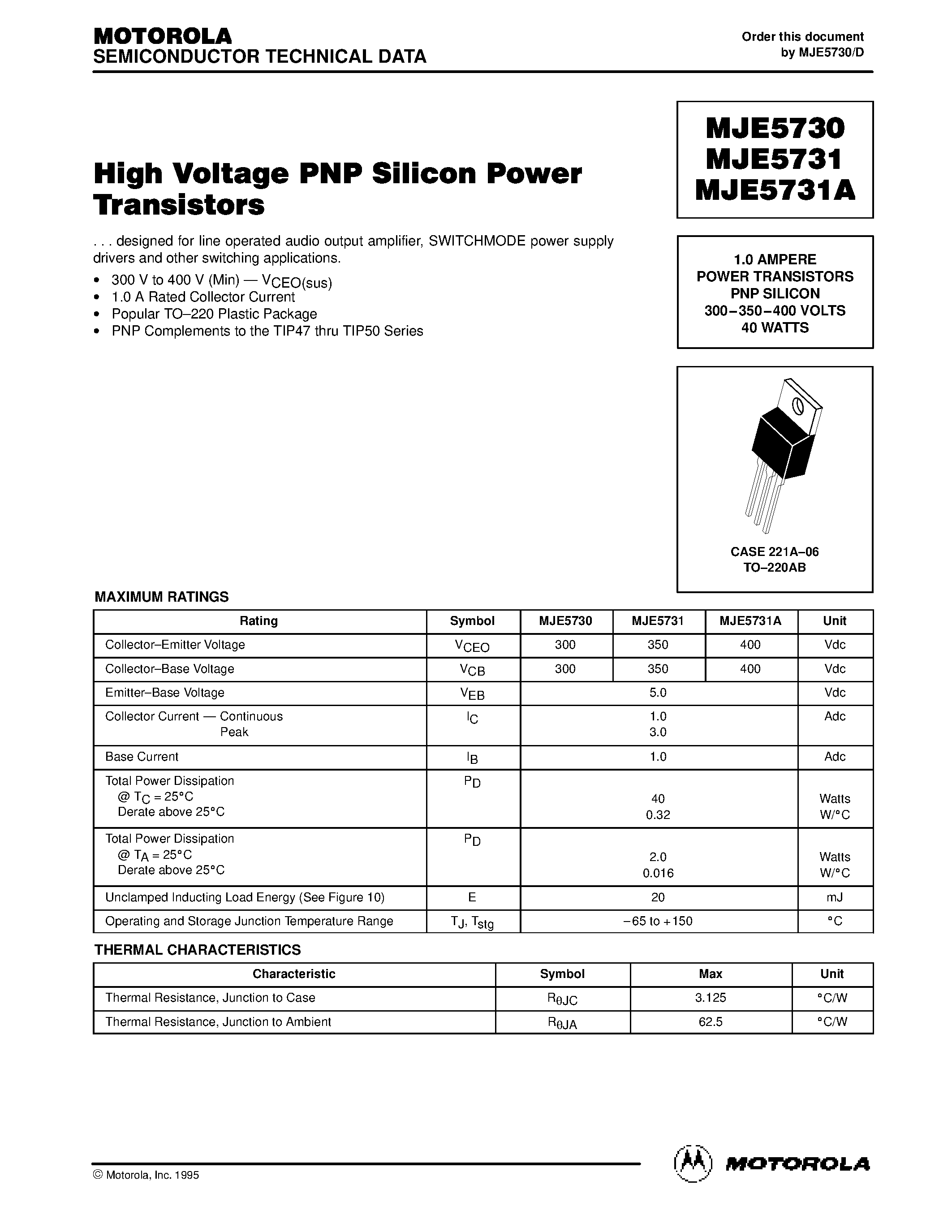 Datasheet MJE5730 - 1.0 AMPERE POWER TRANSISTORS PNP SILICON 300-350-400 VOLTS 40 WATTS page 1