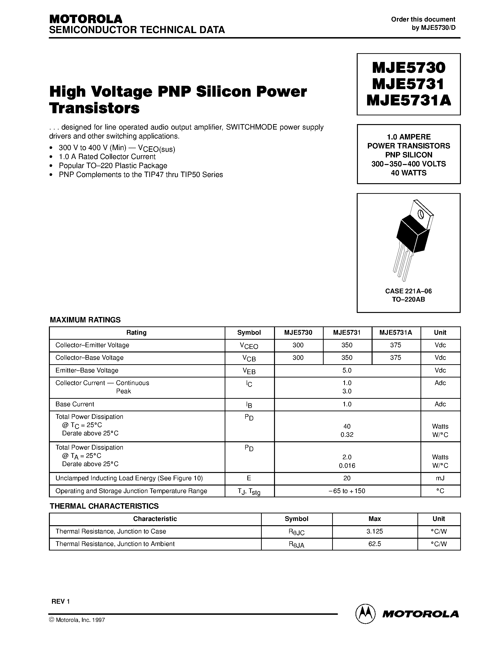 Datasheet MJE5731 - POWER TRANSISTORS PNP SILICON page 1