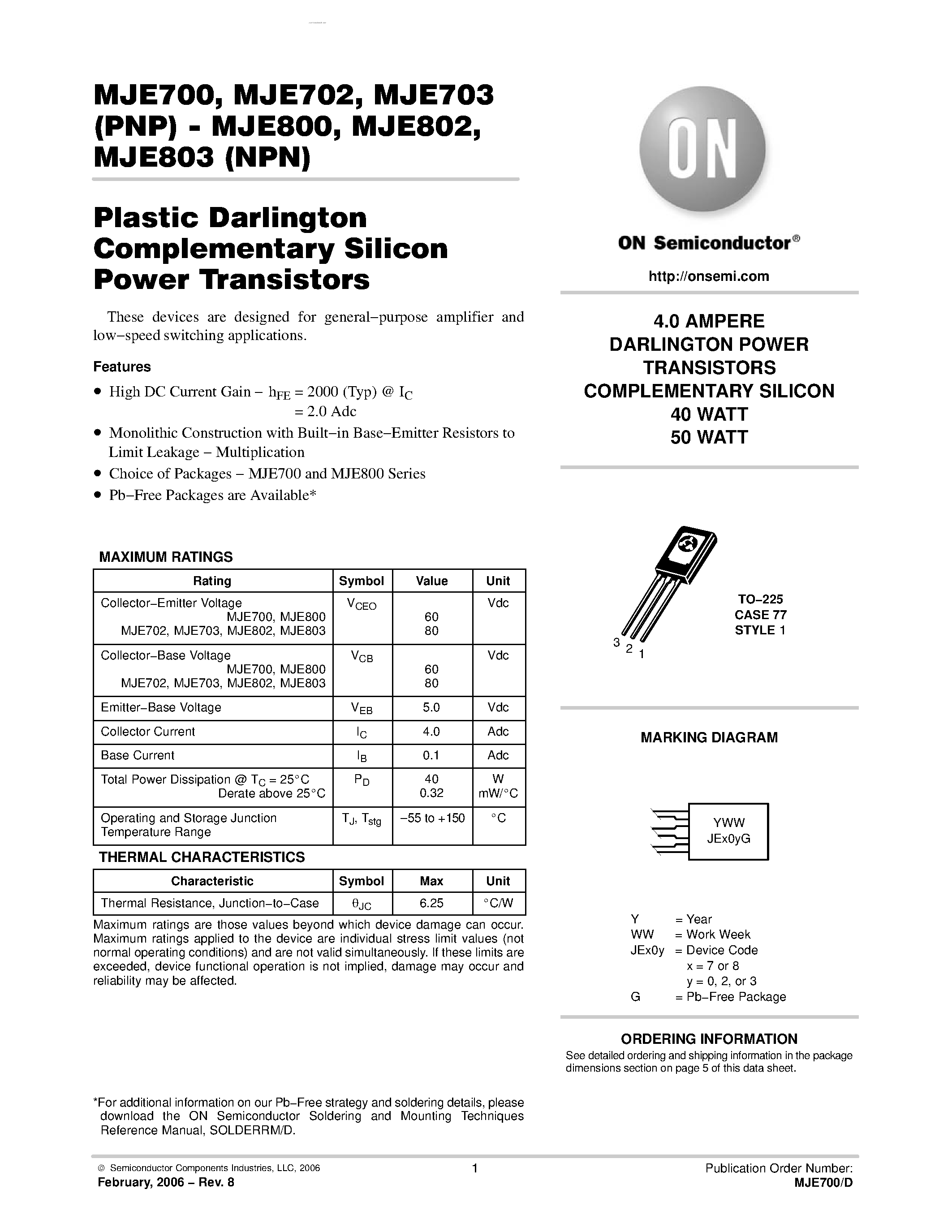 Даташит MJE800 - DARLINGTON POWER TRANSISTORS COMPLEMENTARY страница 1