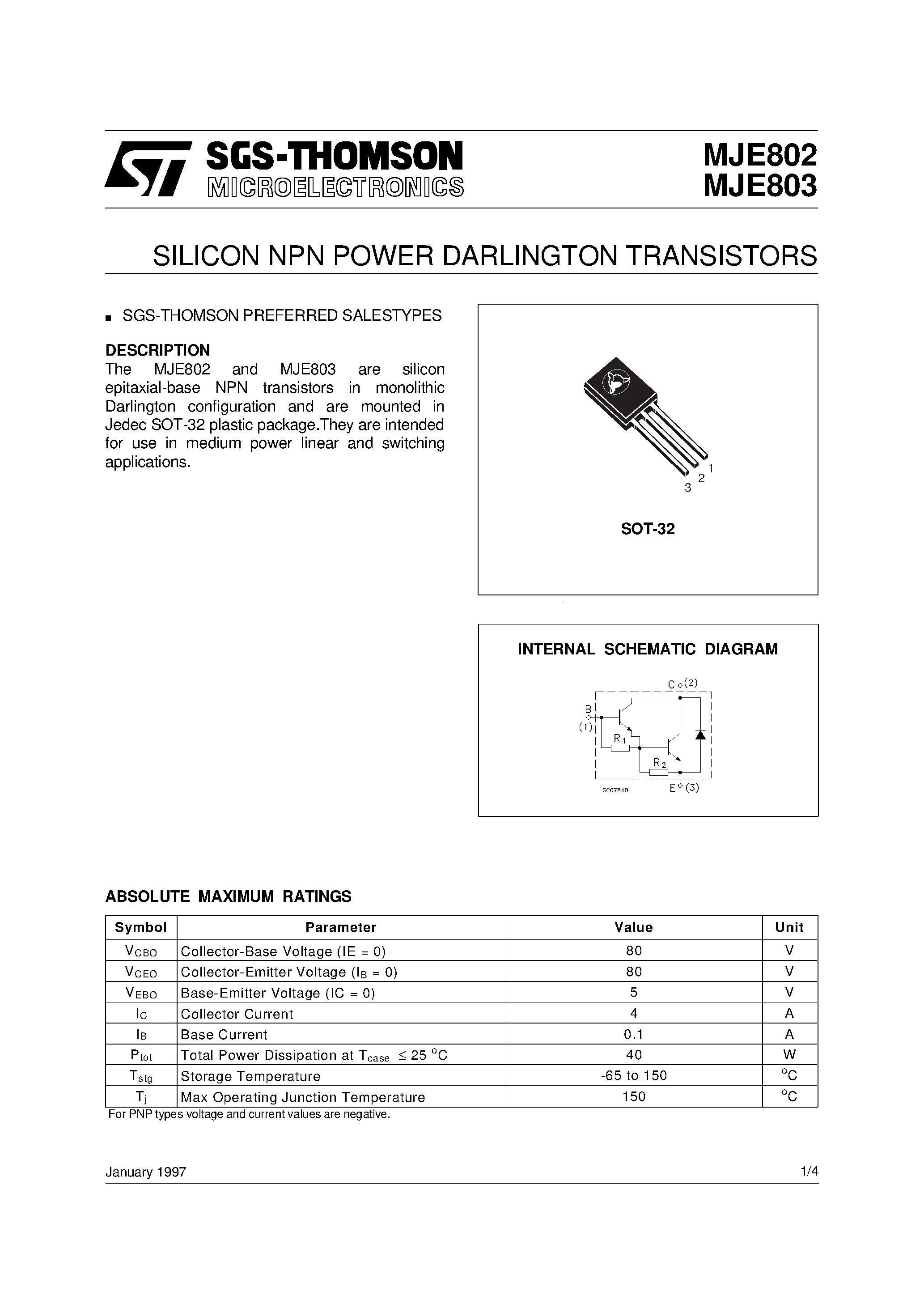 Даташит MJE802 - SILICON NPN POWER DARLINGTON TRANSISTORS страница 1