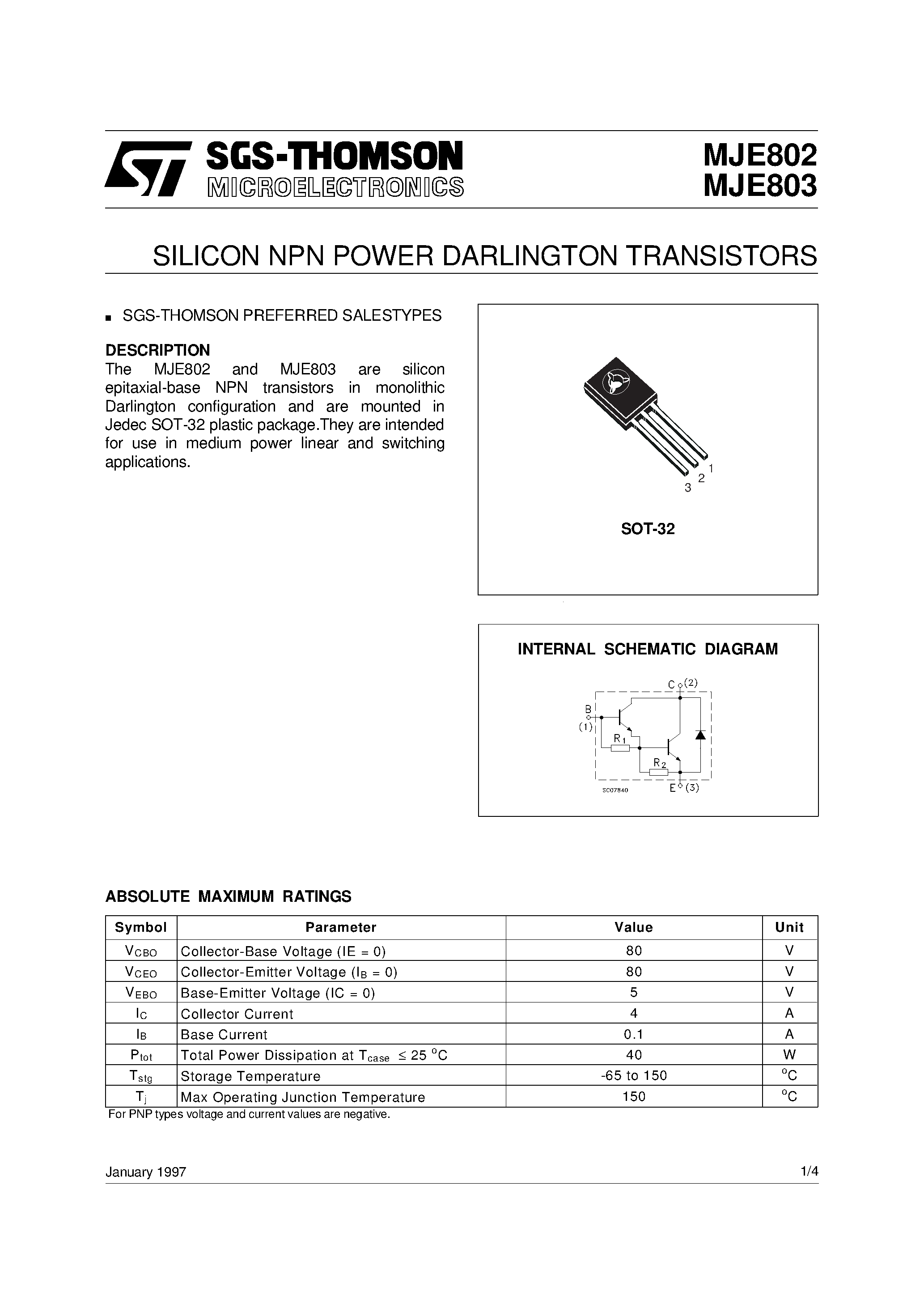 Datasheet MJE803 - SILICON NPN POWER DARLINGTON TRANSISTORS page 1