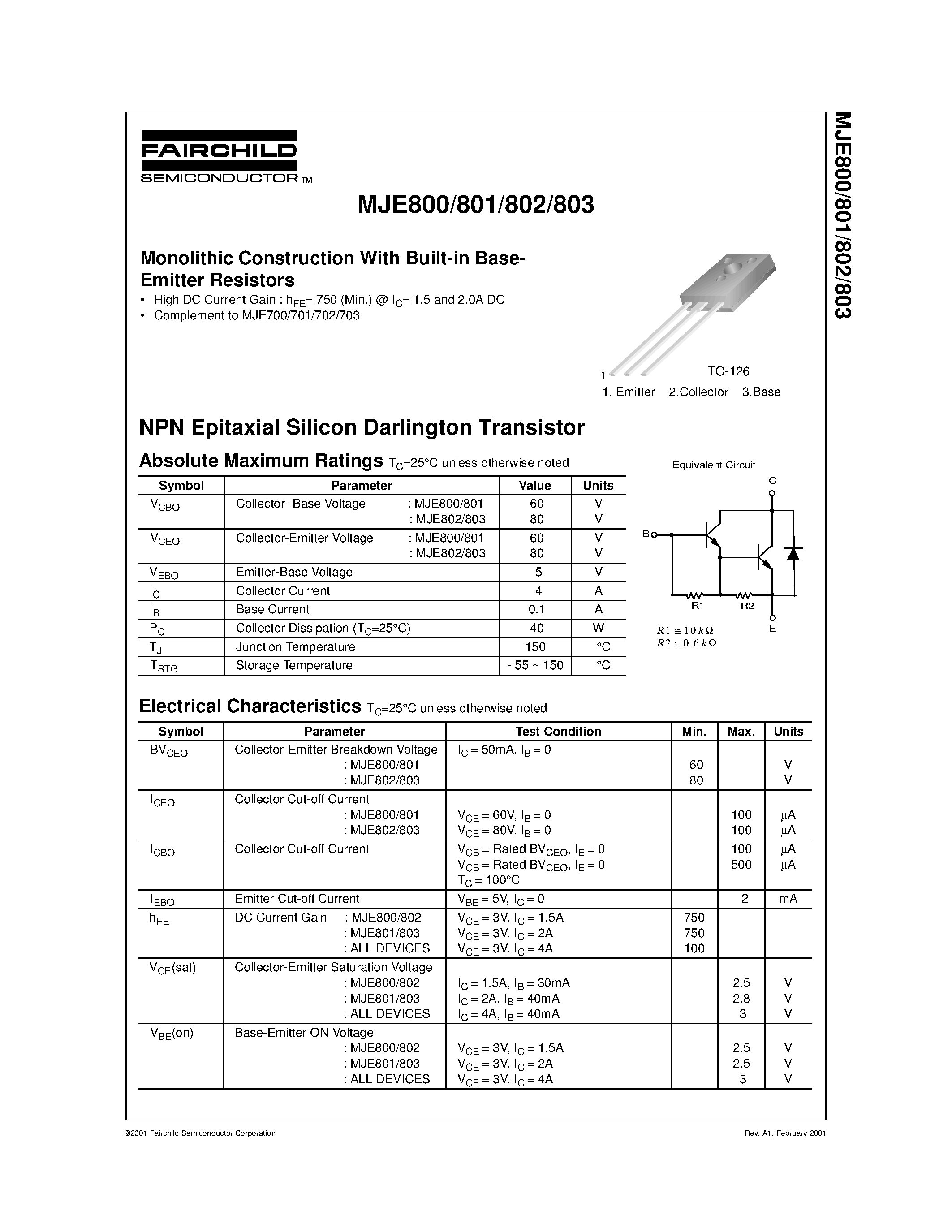 Datasheet MJE803 - Monolithic Construction With Built-in Base- Emitter Resistors page 1