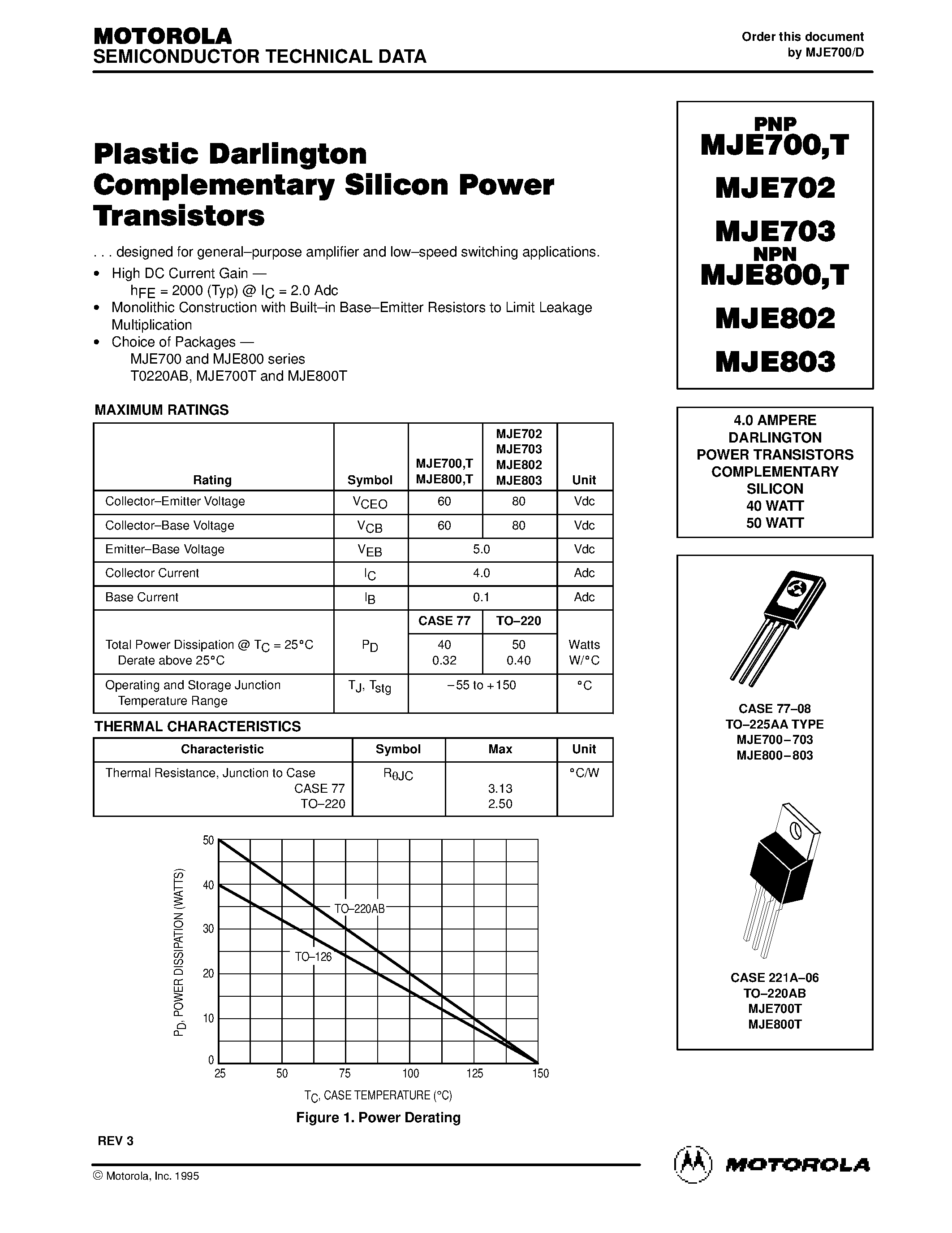 Datasheet MJE803 - 4.0 AMPERE DARLINGTON POWER TRANSISTORS COMPLEMENTARY SILICON 40 WATT 50 WATT page 1