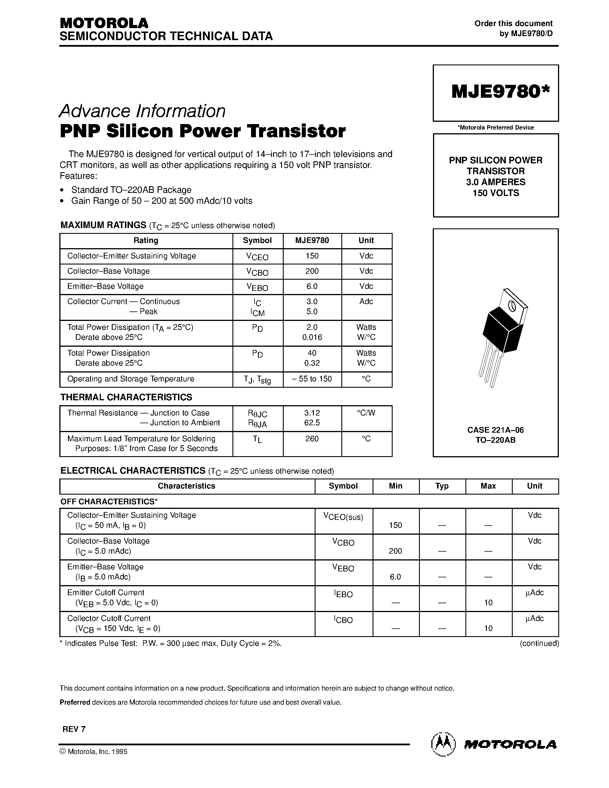 Даташит MJE9780 - PNP SILICON POWER TRANSISTOR 3.0 AMPERES 150 VOLTS страница 1