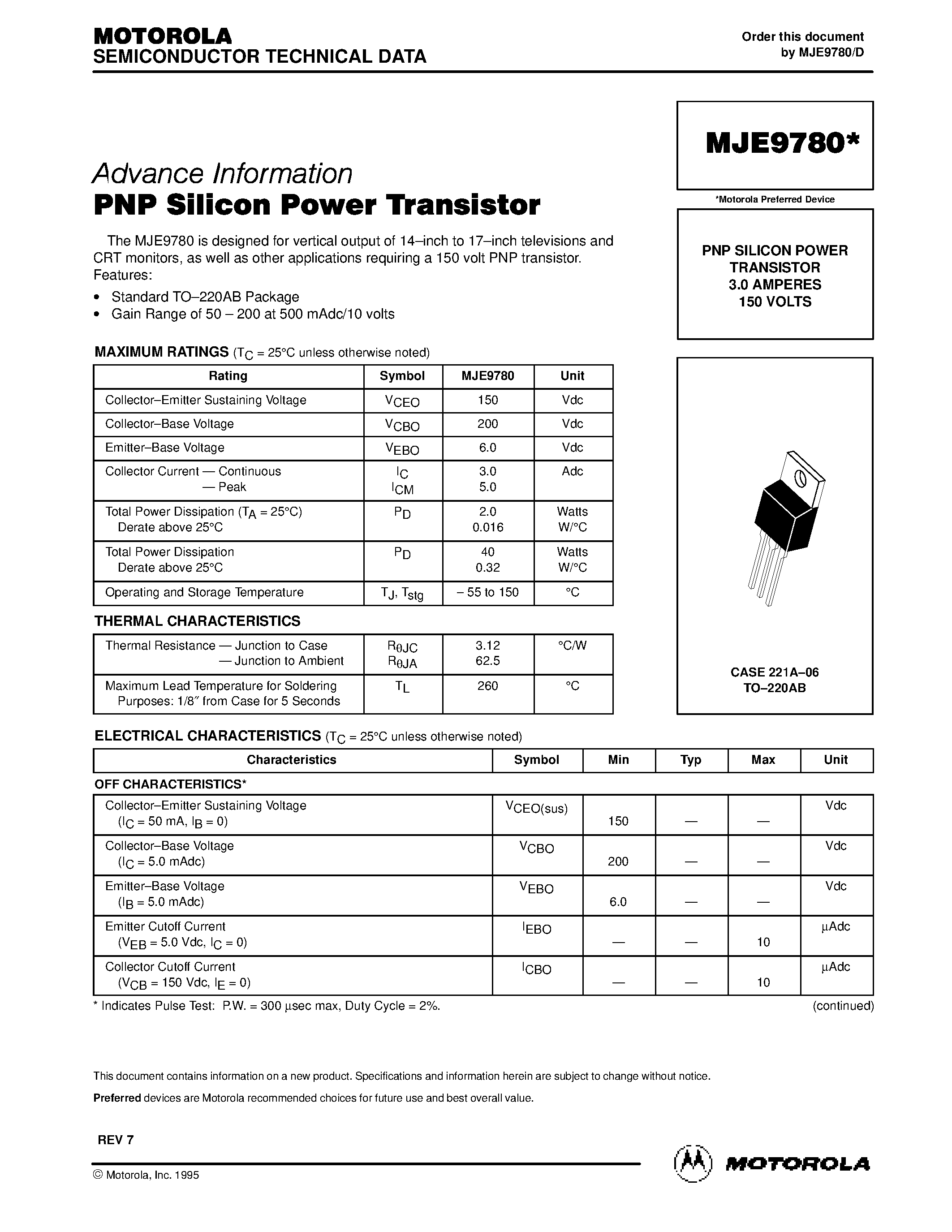 Datasheet MJE9780 page 1 Datasheet MJE9780 - PNP SILICON POWER TRANSISTOR page 1