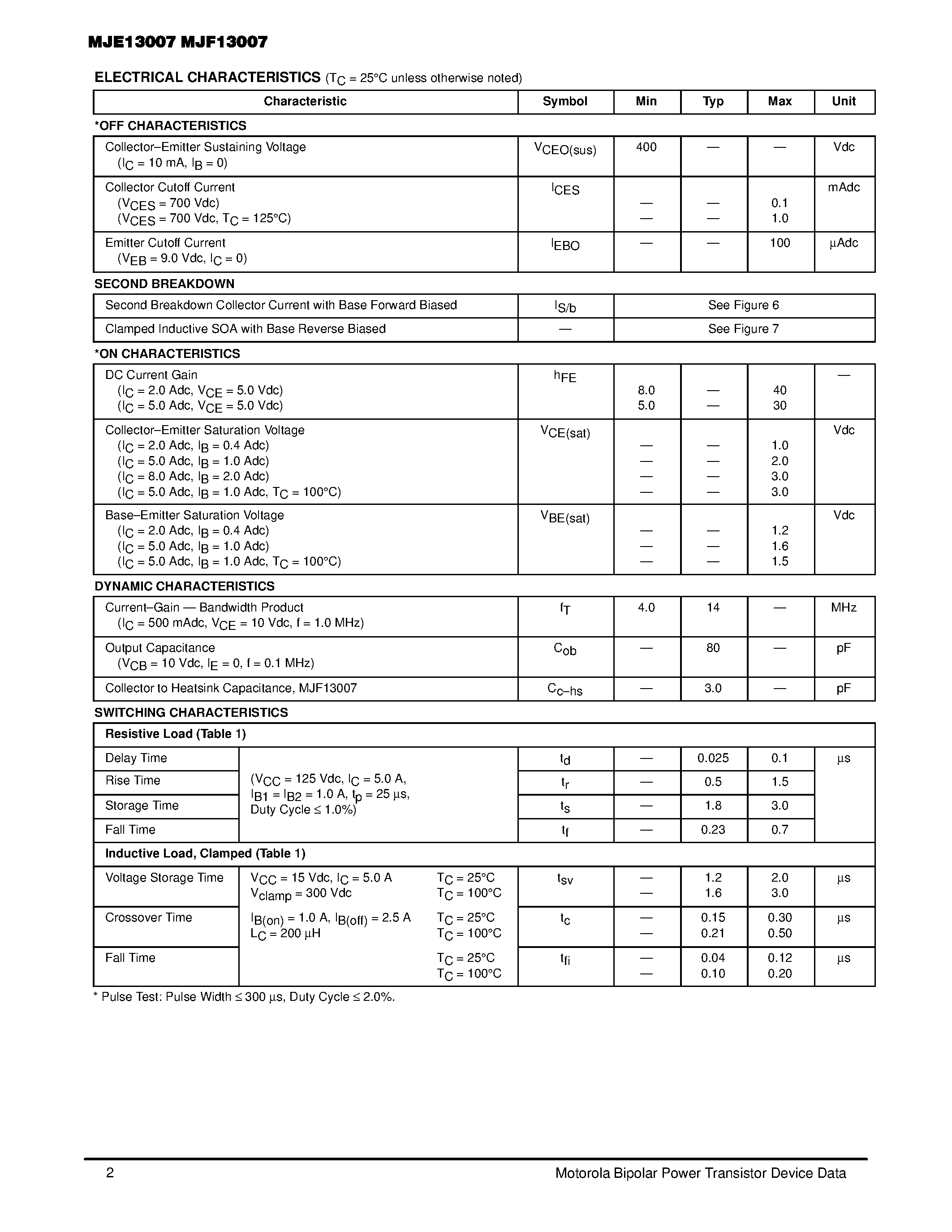 Datasheet MJF13007 - POWER TRANSISTOR 8.0 AMPERES 400 VOLTS 80/40 WATTS page 2