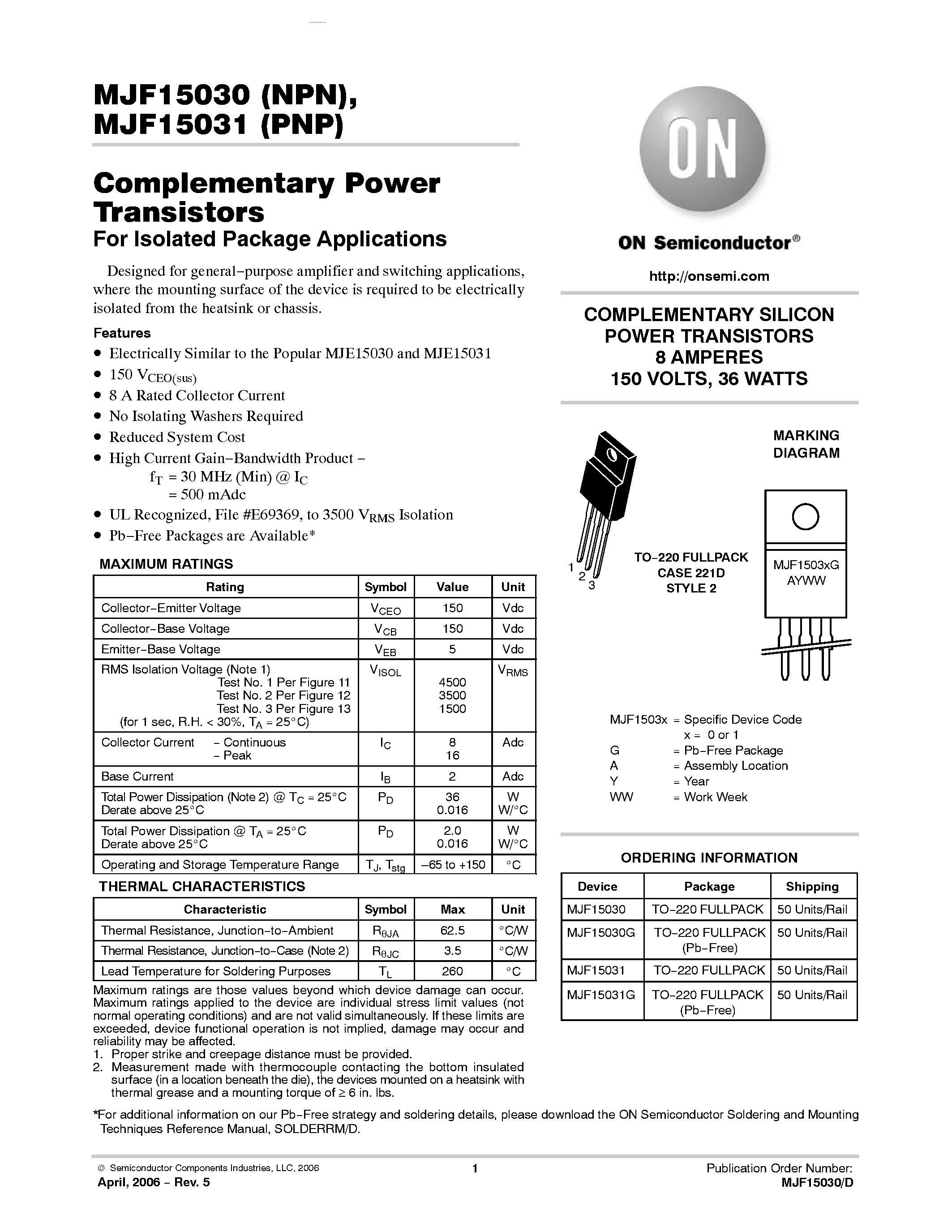 Datasheet MJF15030 page 1 Datasheet MJF15030 - COMPLEMENTARY SILICON POWER TRANSISTORS page 1