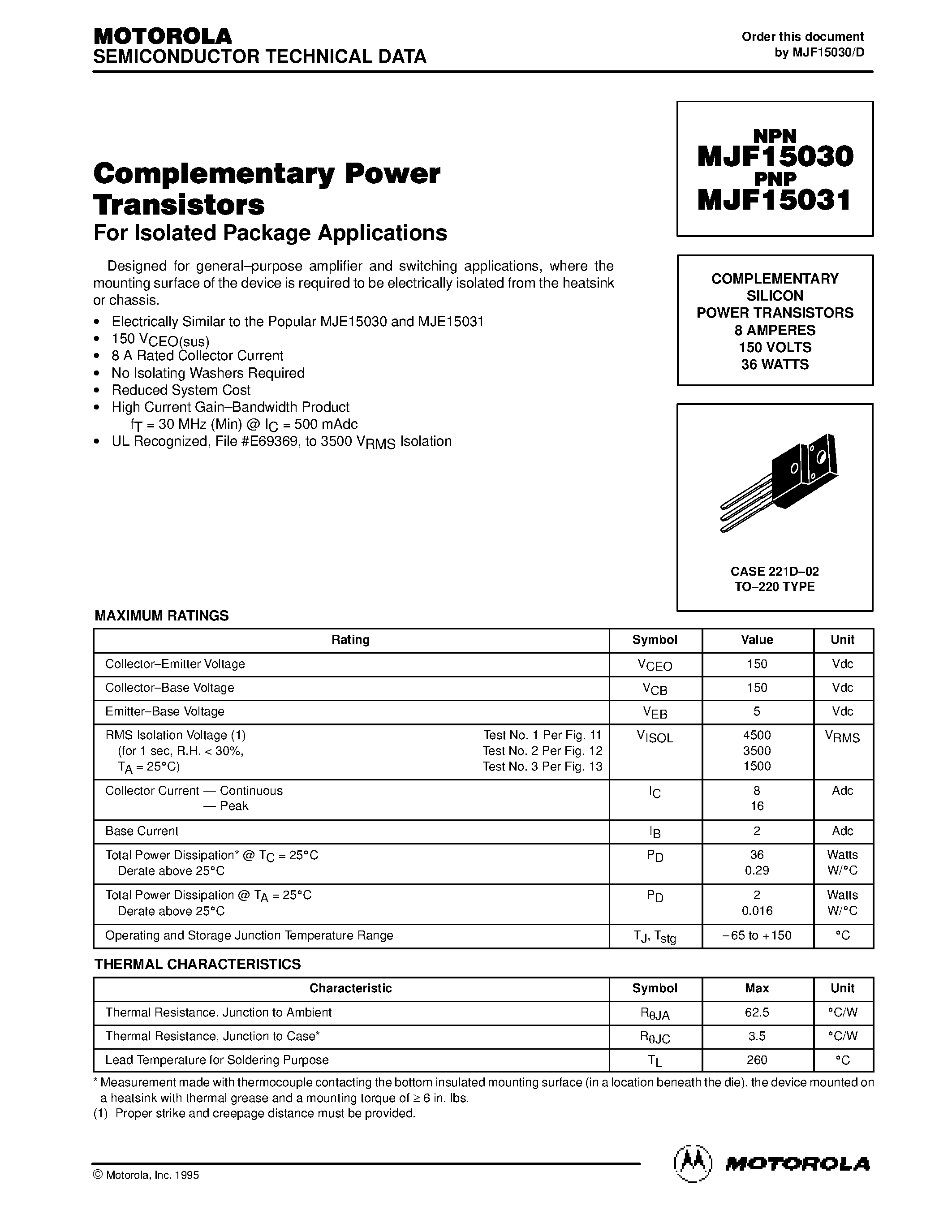 Даташит MJF15031 - COMPLEMENTARY SILICON POWER TRANSISTORS 8 AMPERES 150 VOLTS 36 WATTS страница 1
