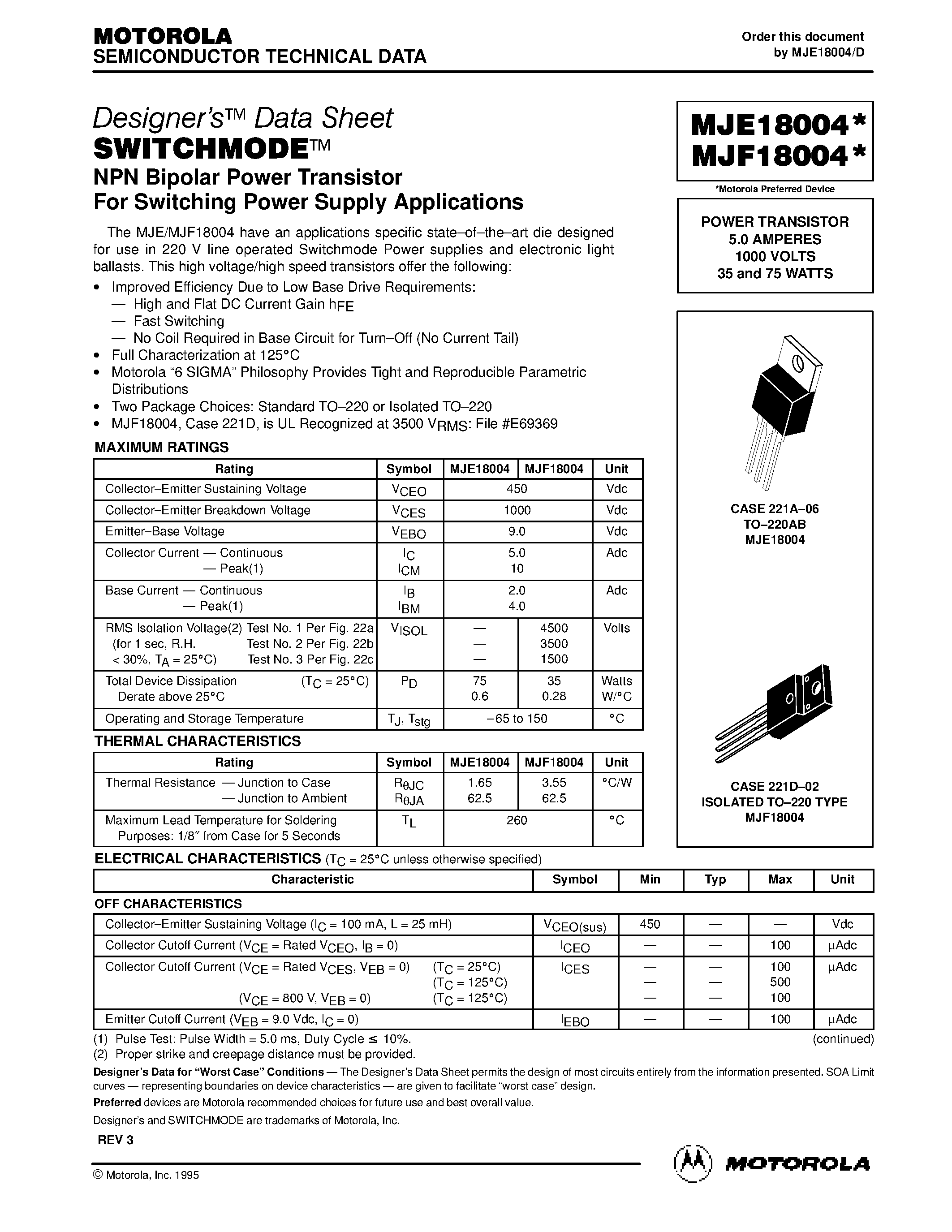 Datasheet MJF18004 - POWER TRANSISTOR 5.0 AMPERES 1000 VOLTS 35 and 75 WATTS page 1