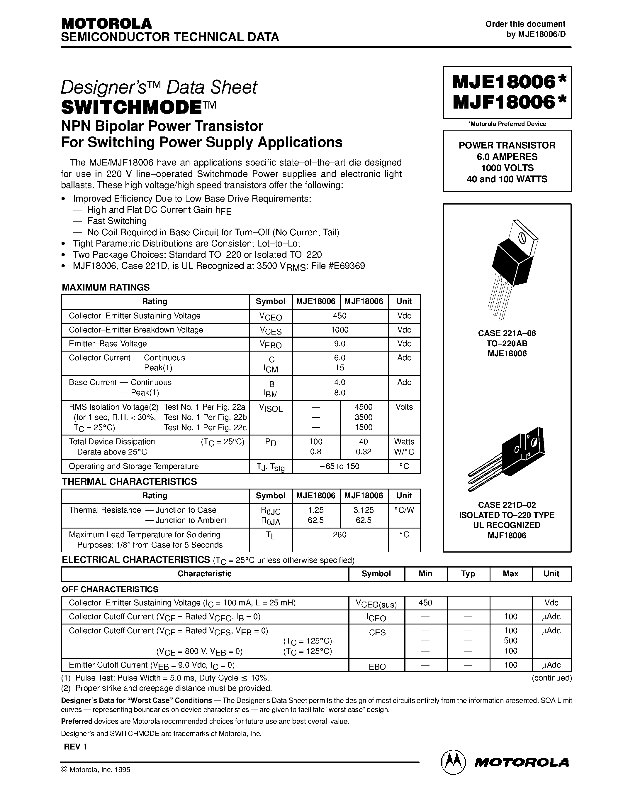 Datasheet MJF18006 - POWER TRANSISTOR 6.0 AMPERES 1000 VOLTS 40 and 100 WATTS page 1