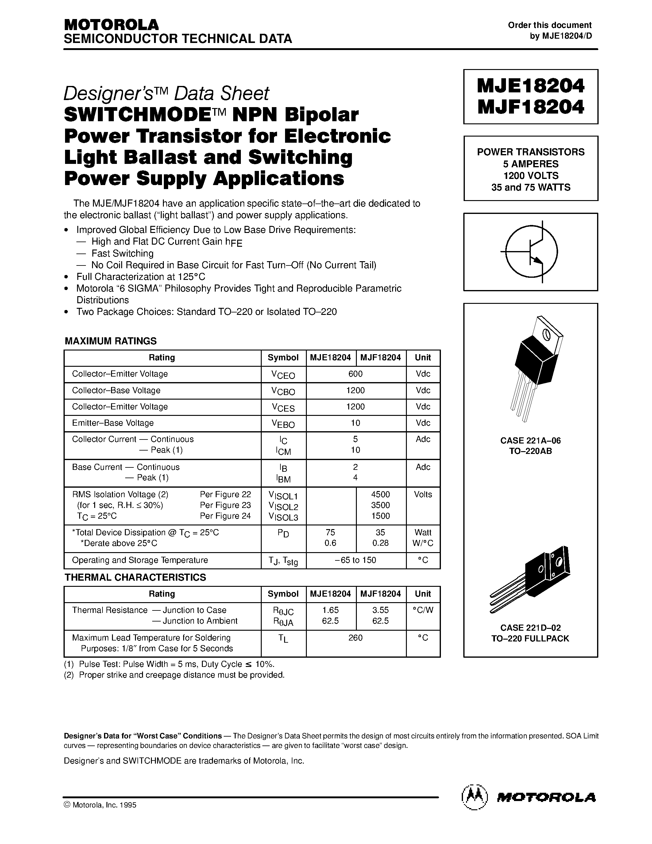 Datasheet MJF18204 - POWER TRANSISTORS 5 AMPERES 1200 VOLTS 35 and 75 WATTS page 1