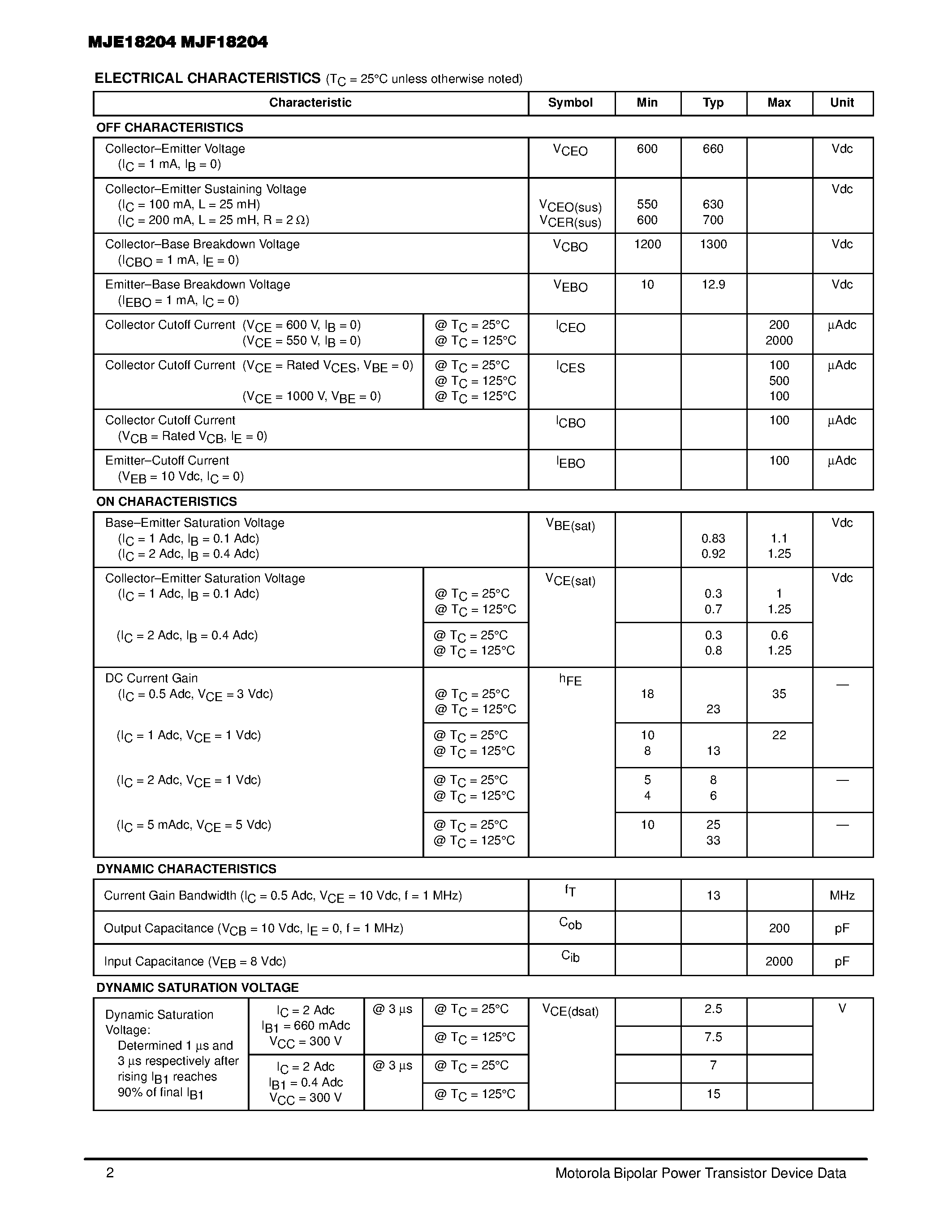 Datasheet MJF18204 - POWER TRANSISTORS 5 AMPERES 1200 VOLTS 35 and 75 WATTS page 2