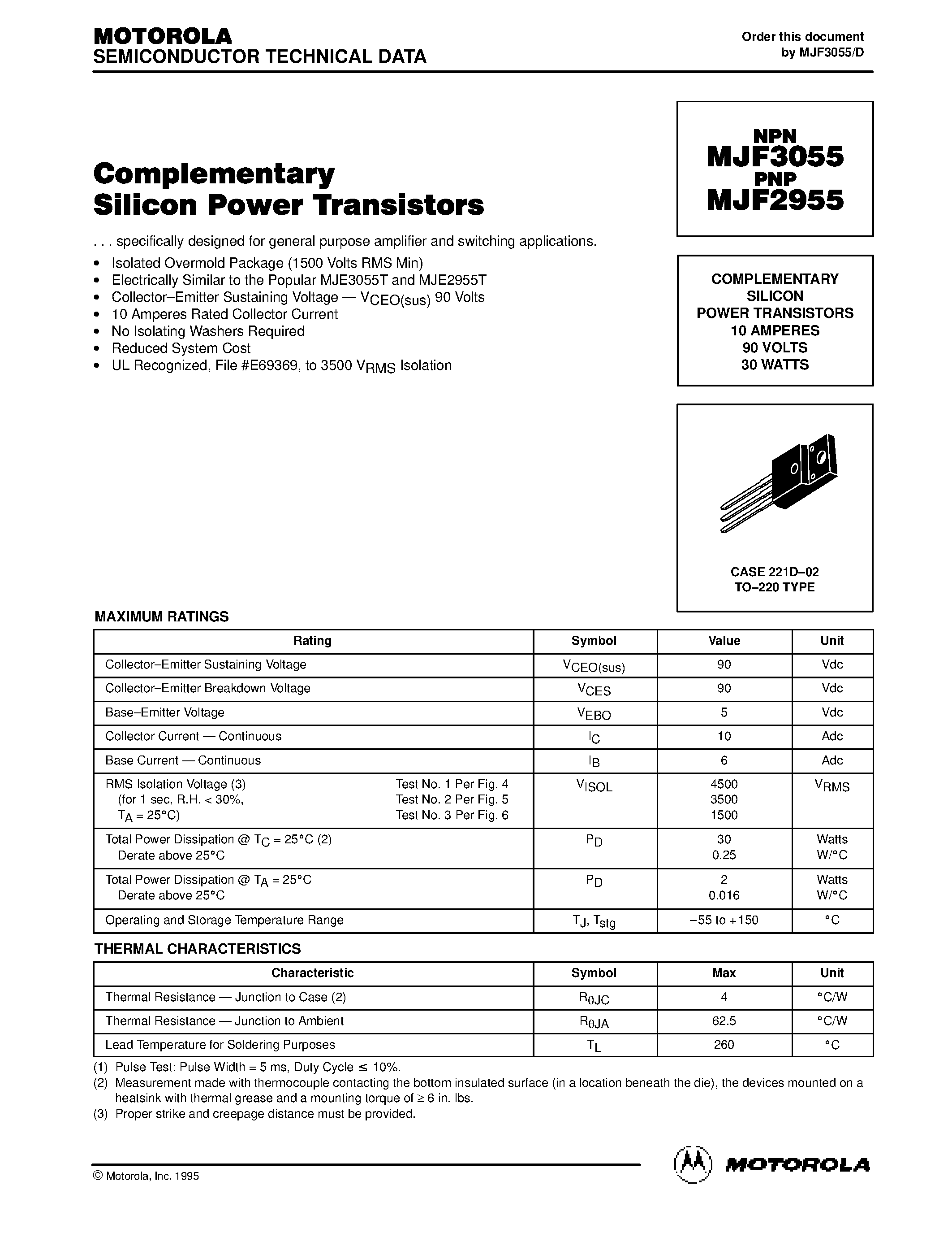 Datasheet MJF2955 page 1 Datasheet MJF2955 - COMPLEMENTARY SILICON POWER TRANSISTORS 10 AMPERES 90 VOLTS 30 WATTS page 1