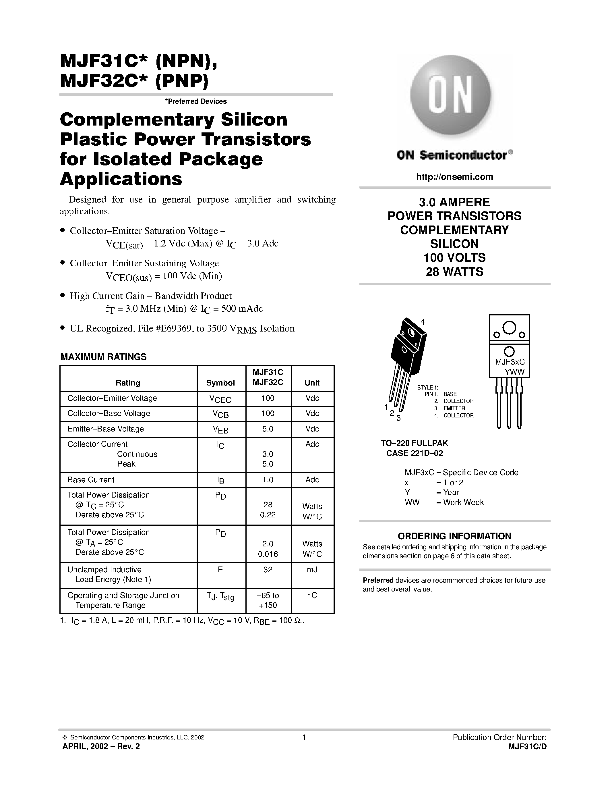 Datasheet MJF31C - 3.0 AMPERE POWER TRANSISTORS COMPLEMENTARY SILICON 100 VOLTS 28 WATTS page 1