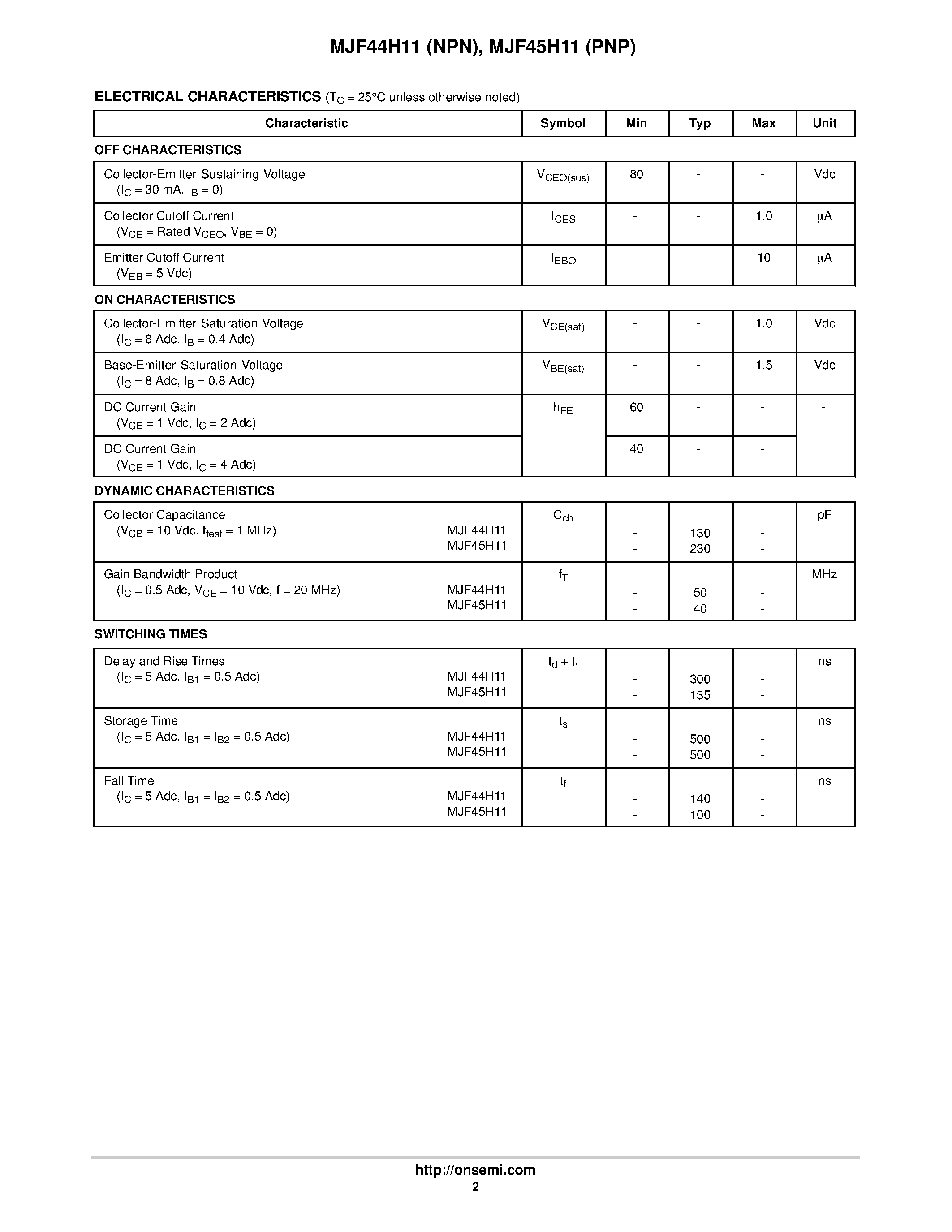 Datasheet MJF44H11 - Complementary Power Transistors page 2
