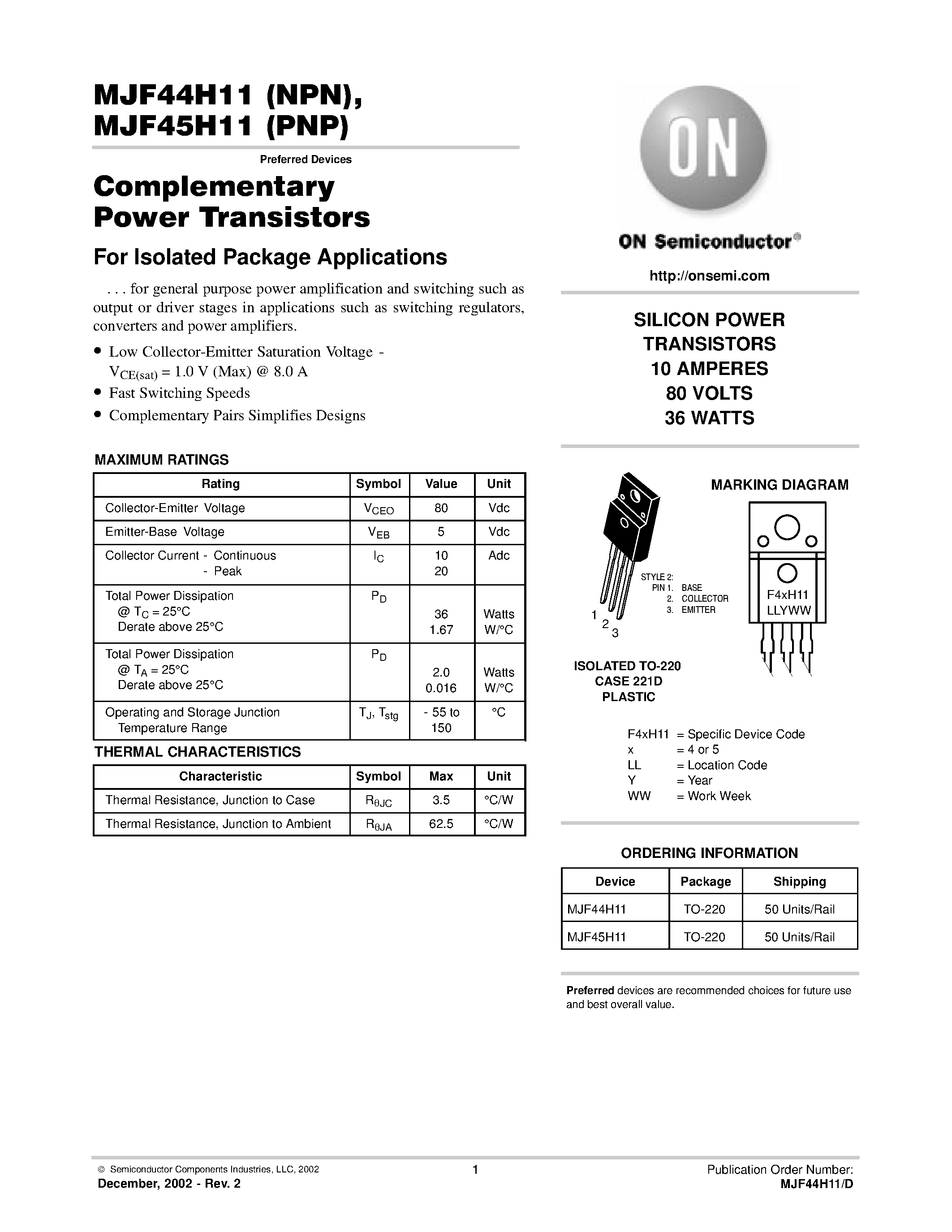 Datasheet MJF45H11 - Complementary Power Transistors page 1