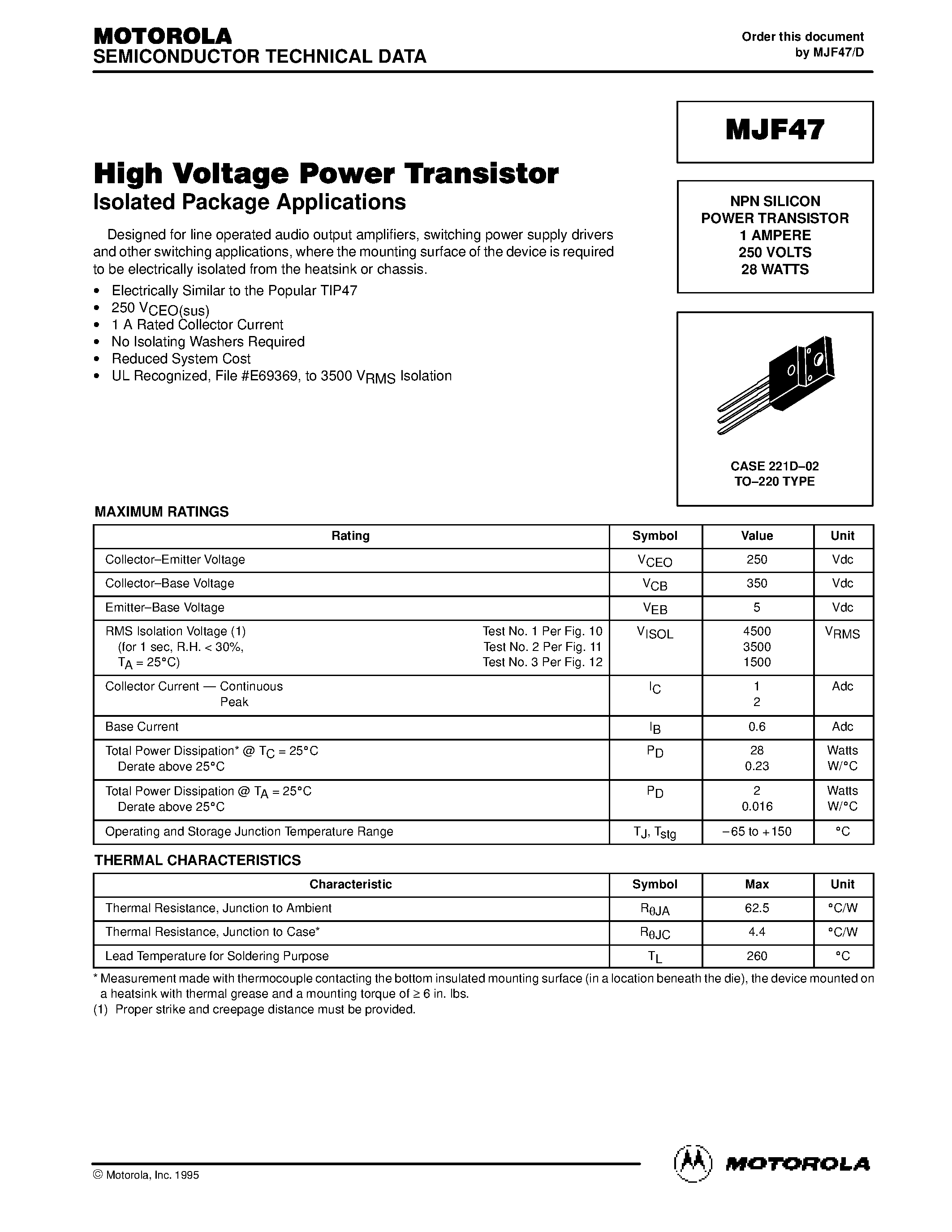 Datasheet MJF47 - NPN SILICON POWER TRANSISTOR 1 AMPERE 250 VOLTS 28 WATTS page 1