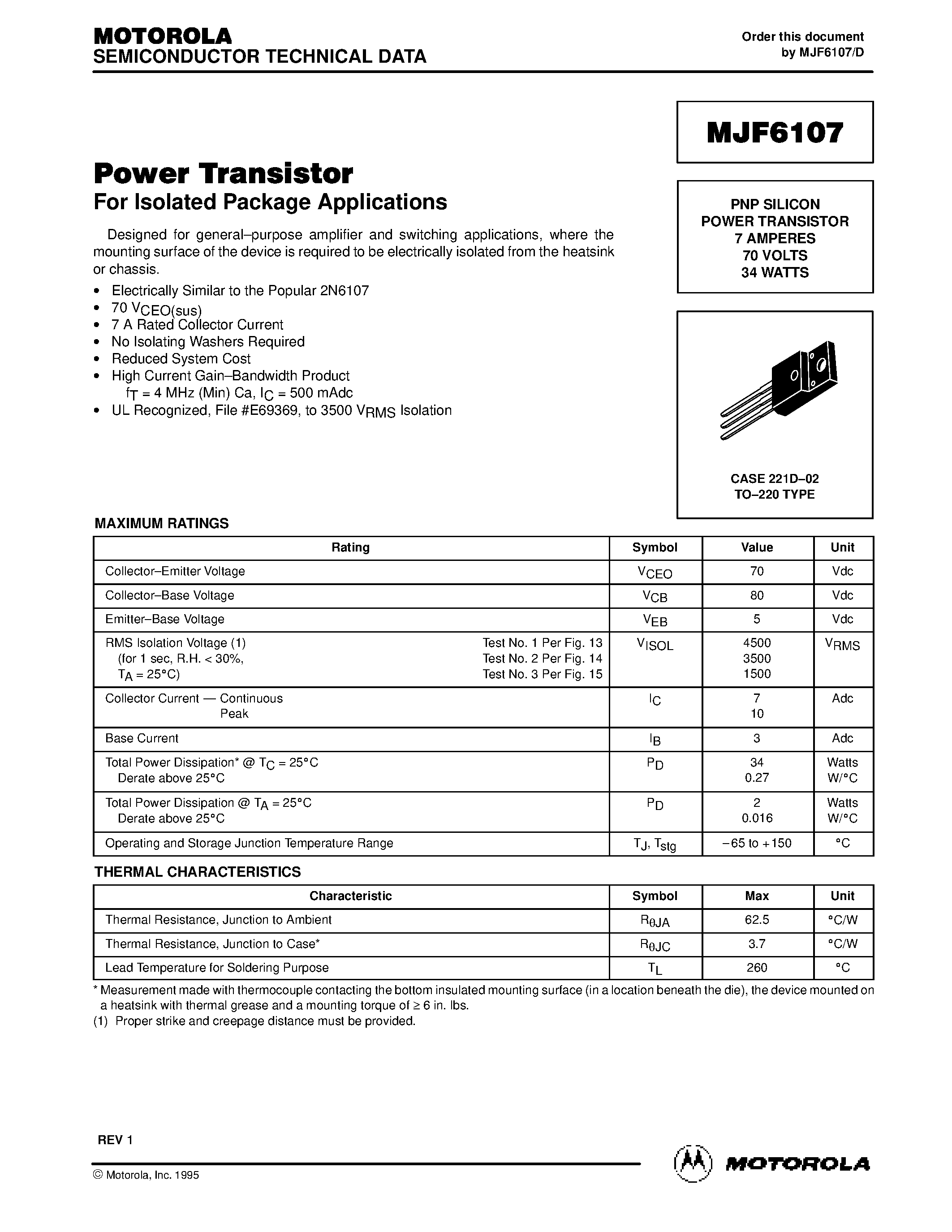 Даташит на микросхему MJF6107 страница 1 Даташит MJF6107 - PNP SILICON POWER TRANSISTOR 7 AMPERES 70 VOLTS 34 WATTS страница 1