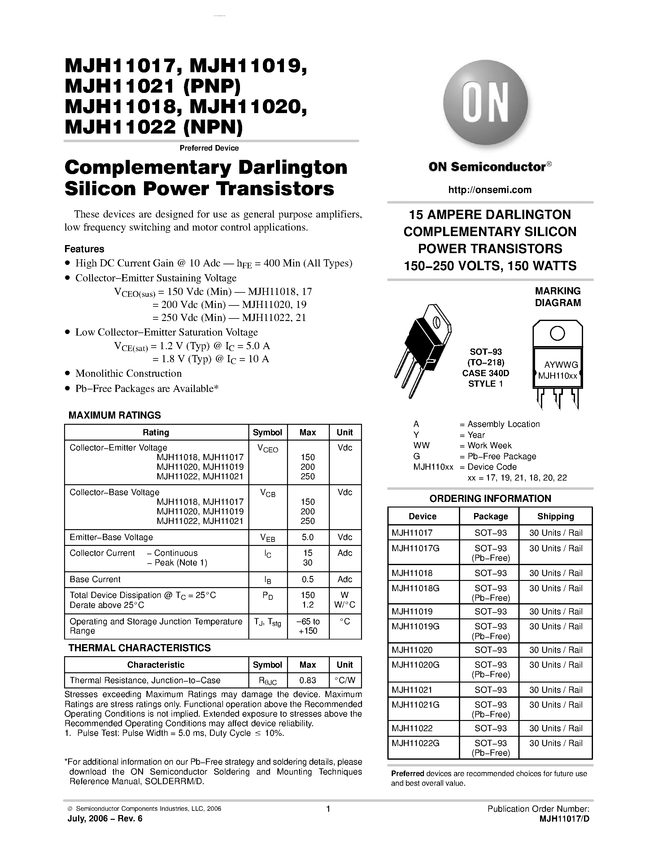 Datasheet MJH11021 page 1 Datasheet MJH11021 - DARLINGTON COMPLEMENTARY SILICON POWER TRANSISTORS page 1