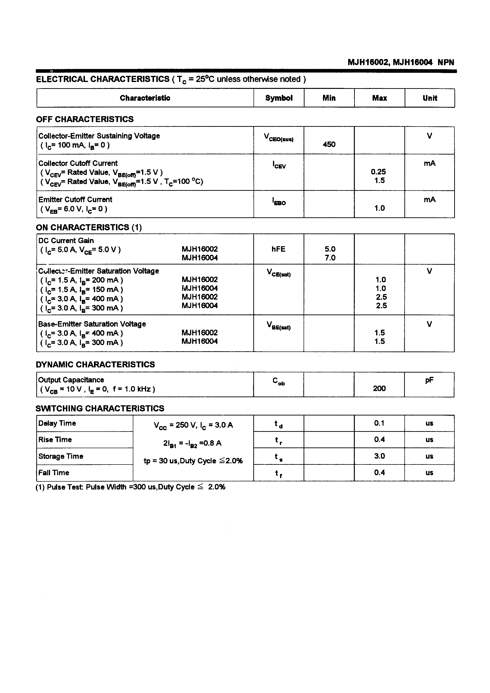 Datasheet MJH16002 page 2 Datasheet MJH16002 - POWER TRANSISTORS(5A /450V /100W) page 2