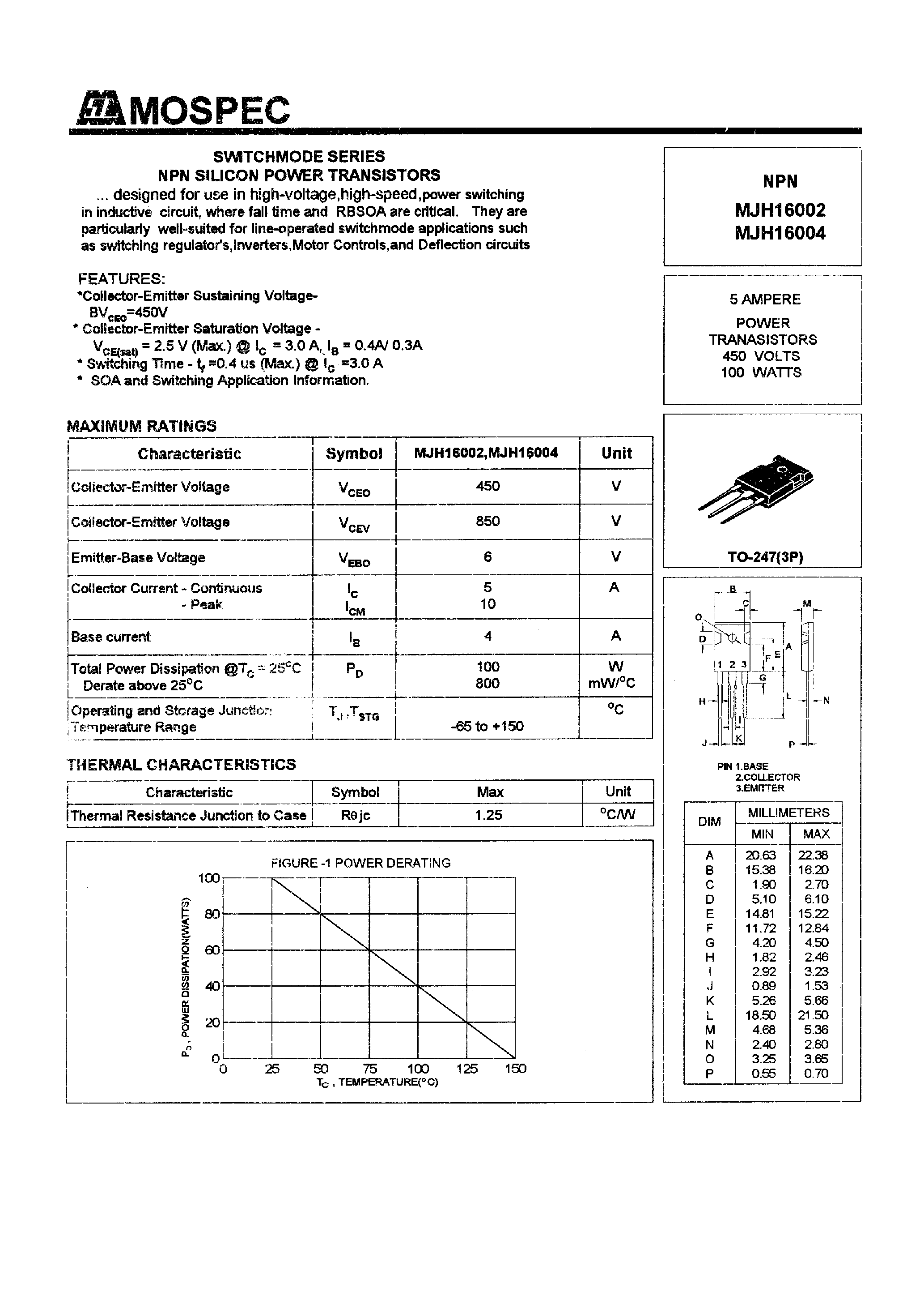 Datasheet MJH16004 page 1 Datasheet MJH16004 - POWER TRANSISTORS(5A /450V /100W) page 1