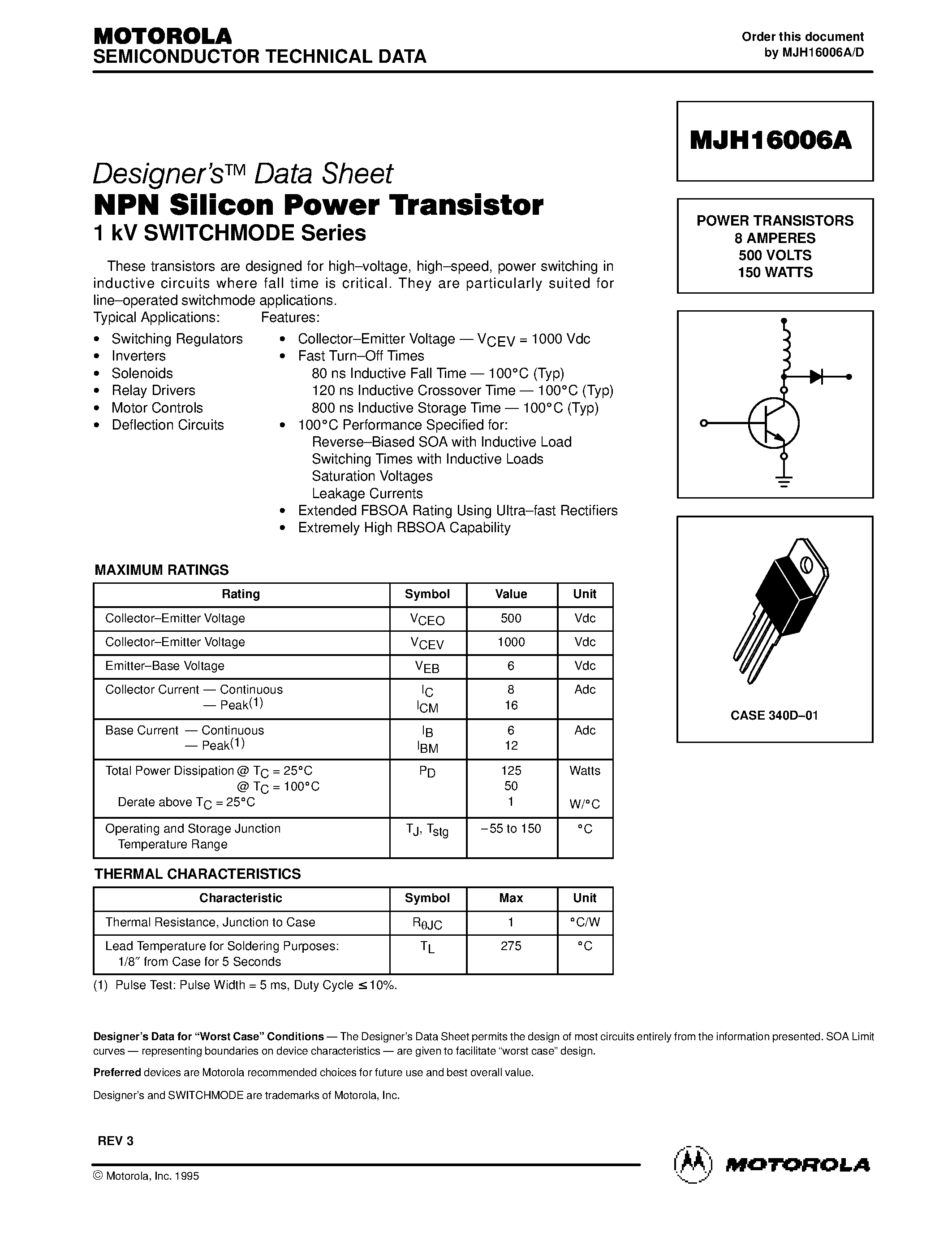 Datasheet MJH16006 page 1 Datasheet MJH16006 - POWER TRANSISTORS 8 AMPERES 500 VOLTS 150 WATTS page 1