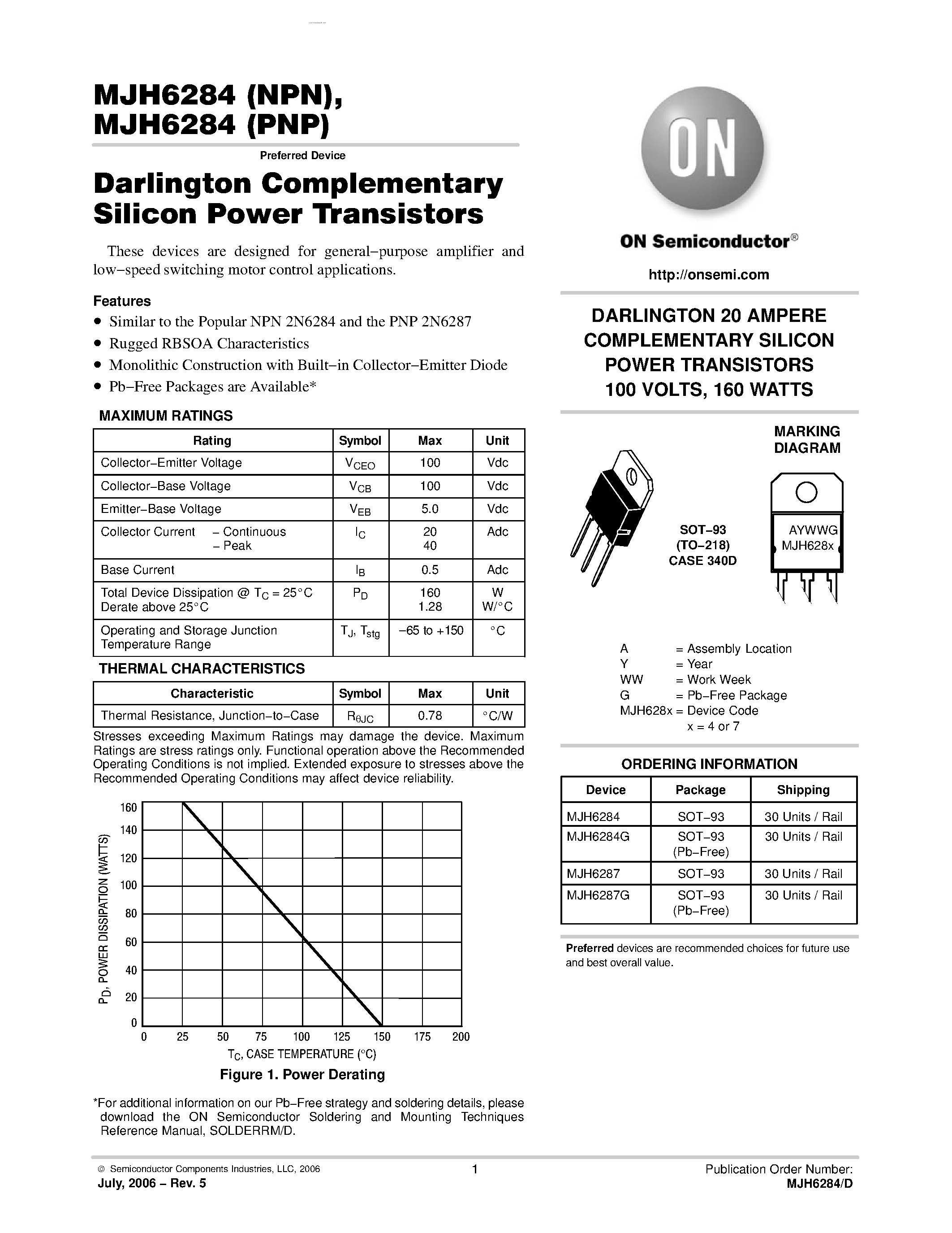 Datasheet MJH6284 page 1 Datasheet MJH6284 - DARLINGTON COMPLEMENTARY SILICON POWER TRANSISTORS page 1