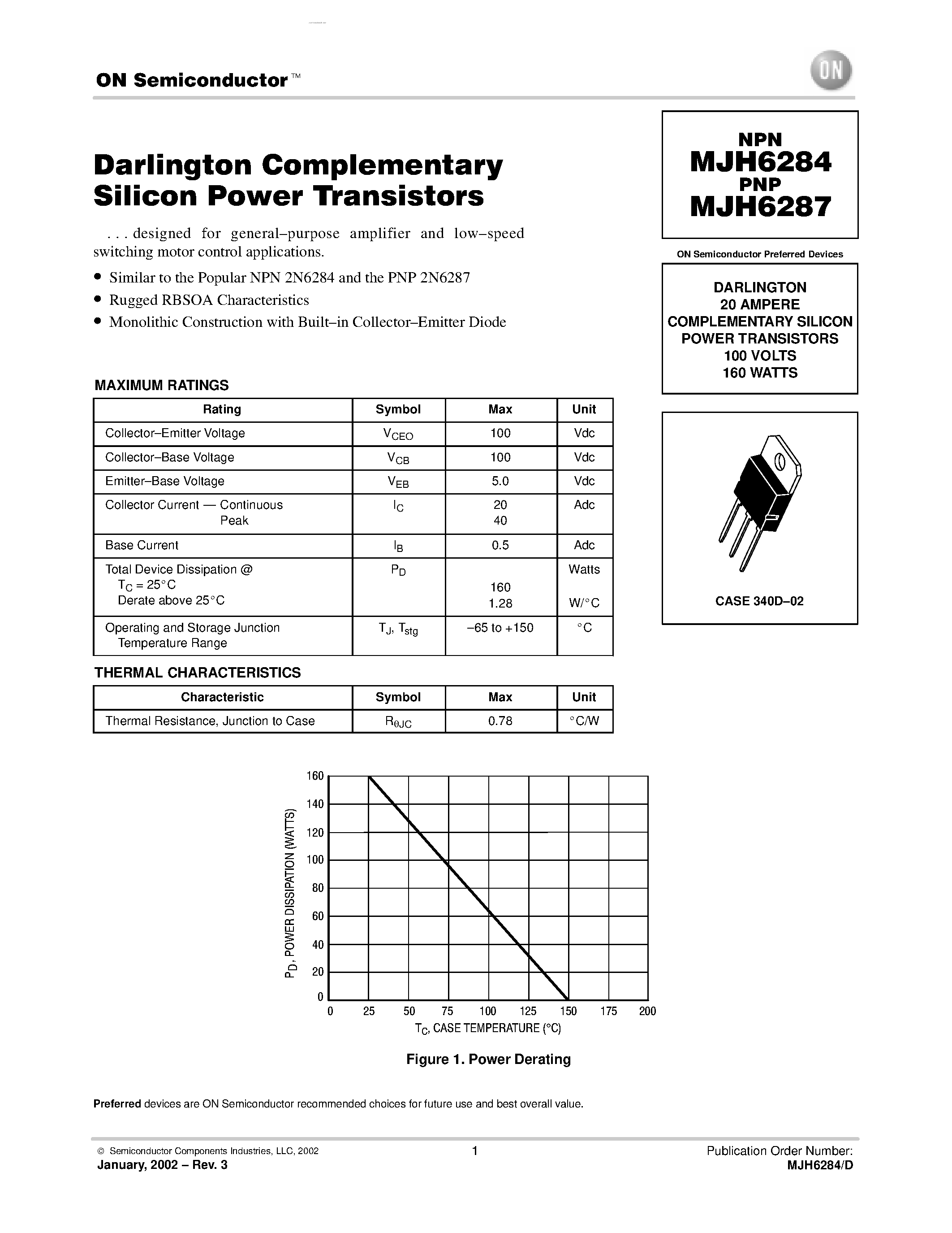 Datasheet MJH6287 page 1 Datasheet MJH6287 - DARLINGTON COMPLEMENTARY SILICON POWER TRANSISTORS page 1