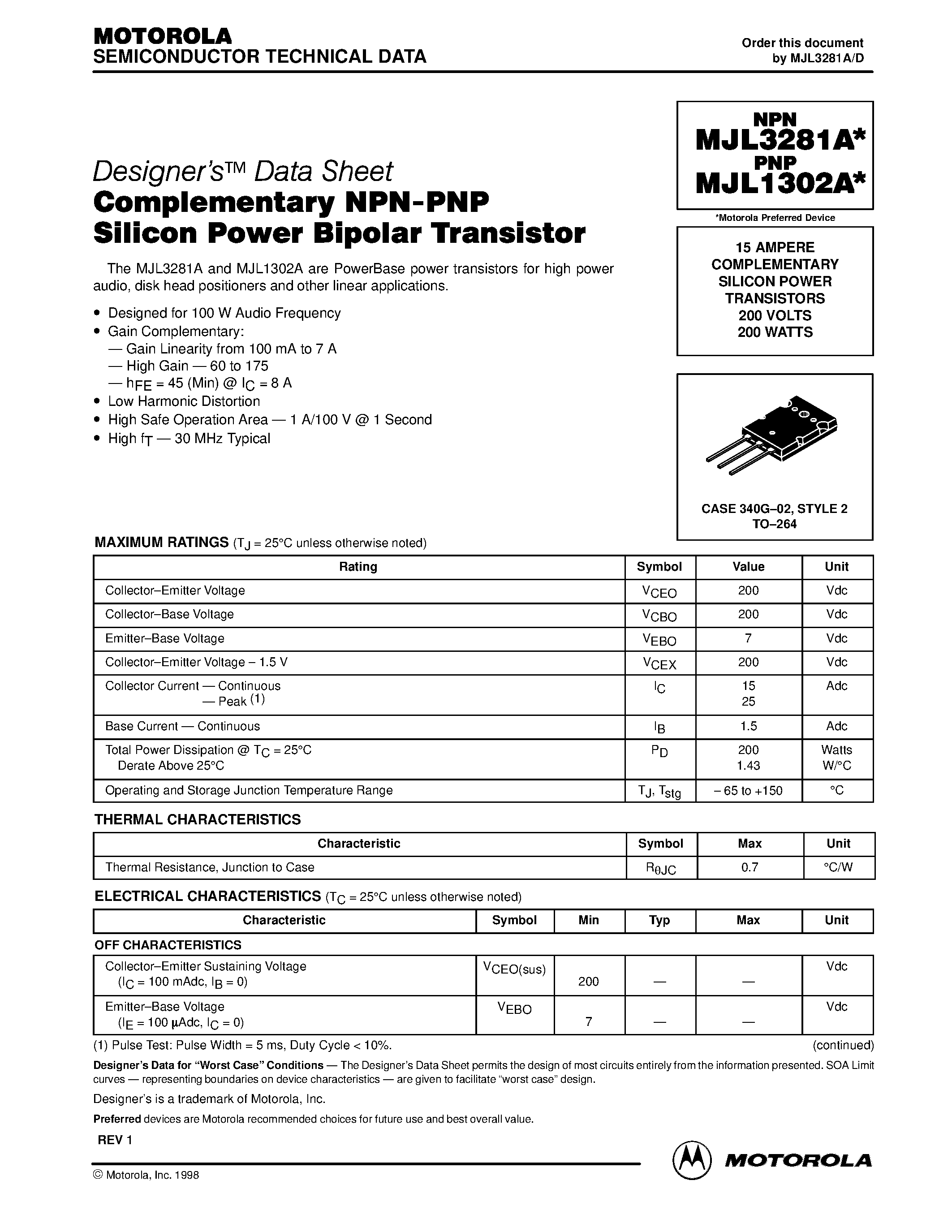 Datasheet MJL1302 page 1 Datasheet MJL1302 - COMPLEMENTARY SILICON POWER TRANSISTORS page 1